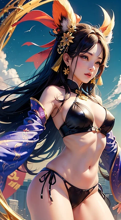 official art, Integrated 8K wallpaper, super detailed, beautiful and aesthetic, masterpiece, highest quality, (tangleた, tangle, get tangled), (fractal art: 1.4), 1 girl, black hair, China人, bare shoulders, Pink Brief, bump, calf, belly button, very detailed, dynamic angle, cowboy shot, (The most beautiful form of chaos), ethereal, (bright colors), oc, (half: 1.2), China, (thangka flying in the sky: 1.5), (ribbon: 1.3), (dream: 1.5), (Hanfu: 1.5), China人 dragon, China人 phoenix, (smile: 0.5), (China人 gods) -
