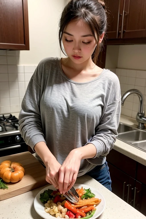 ((best quality:1.2)), ((masterpiece:1.2)), (detailed:1.2), 1 girl, perfect indonesian face, real skin texture, chubby body girl, detailed fingers and rings, messy ponytail bun hair, an oversized long-sleeved gray shirt, kitchen bacground, full set kitchen, holding a knife, chopping some vegetables, hyperrealistic image, perfect lighting photography, RAW,