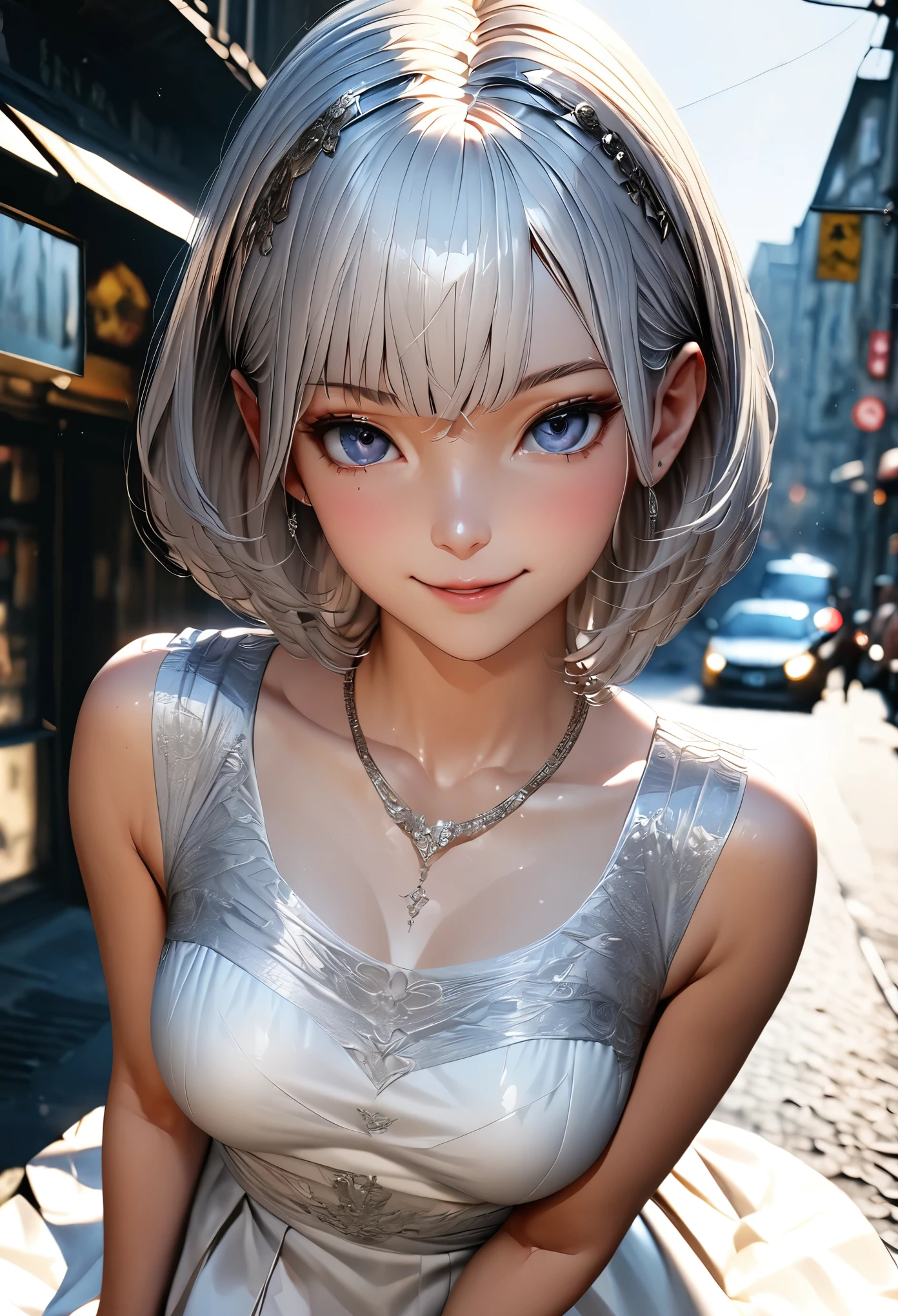 8k, ultra realistic, masterpiece, best quality, ultra detailed, beautiful face, beautiful skin, photorealistic, (professional lighting:1.2), nier_automata, 2B, light smile, pearl necklace, looking at viewer, cowboy shot, focus on face, ultra sharp, on street in business district, ultra detailed photo background, (((with the crowd)))