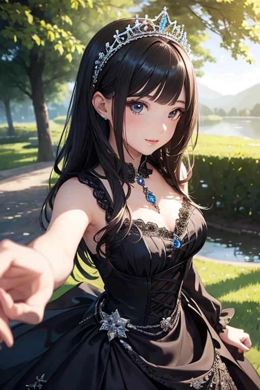 girl in a dark dress, tiara, scenery, flirty look, ((very detailed)), (perfectly detailed face), (fine hands) photorealistic images.