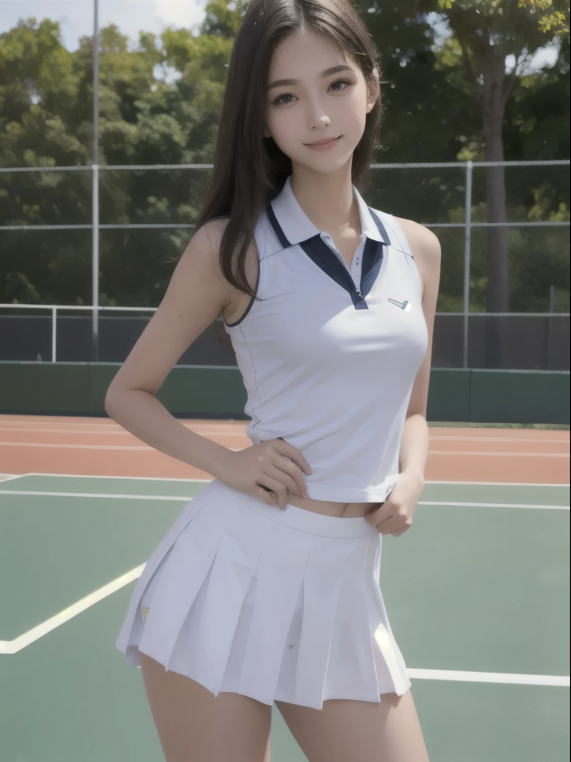 8K, perfect human body, real person, realistic, Raw photo, real human face, real human face skin, 17 years old, tall girl, small breasts, Because I&#39;m slender, (Looking at the camera with a shy smile and eyes of pure love), showing the whole body, up hairstyle, no makeup, beautiful white skin, real human black cute eyes, sparkling eyes, cute face, movie lighting, Wearing a tennis uniform, playing tennis, school playground background,