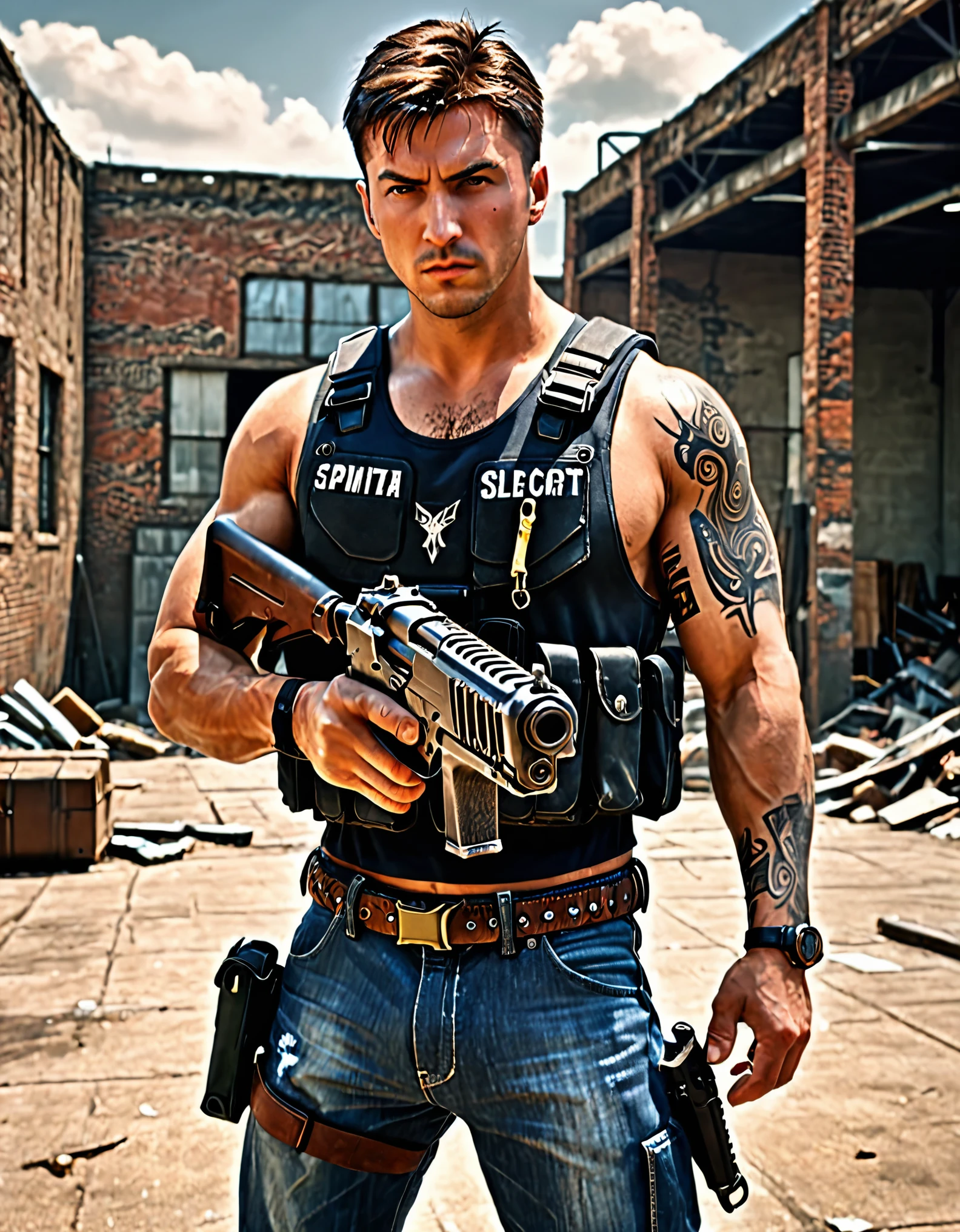 best quality, super detail, masterpiece, photography, scene: spacious abandoned warehouse, theme: mercenary, character: male gunslinger, appearance: muscular build, brown hair, short hair, spiky hair, short hair, brown eyes, action: fighting stance, facial expression : smirk, holding a large caliber pistol, Desert Eagle .50 handgun, assault vest, mafia sports tattoos, cybernetic enhancements in arms, perspective: 4K.
