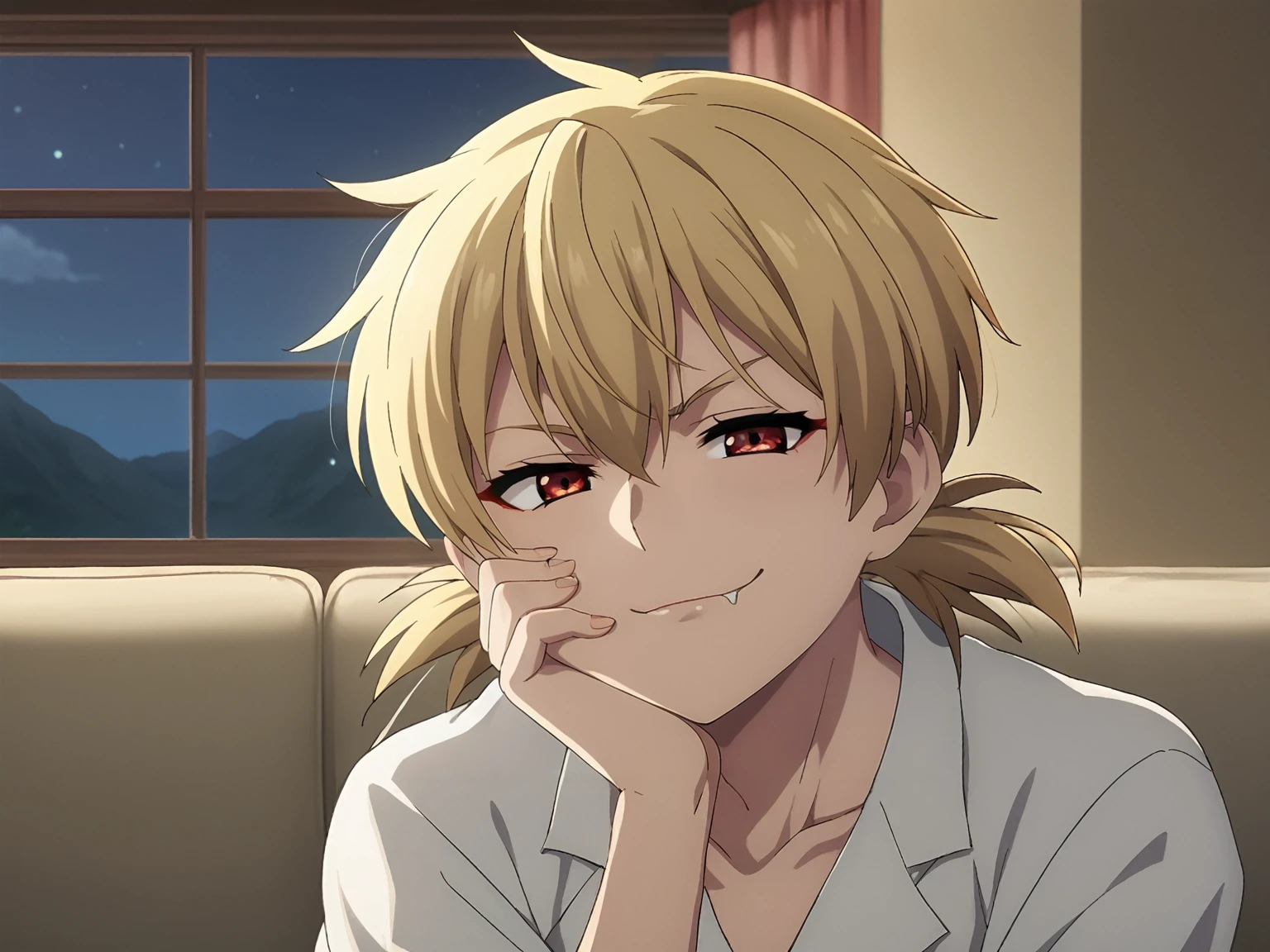 score_4, score_5, score_6, score_9, score_8_up, score_7_up, source_anime, fine anime screencap_xl, anime_screencap,, 1boy,solo,outdoors, hellsing, seras, vampire, fangs, face closeup, face focus , couch, indoors, seductive, face closeup, ((closed mouth)), smirk, thighs, long shot, balcony, mountain and riverbackground, fancy, white couch, laying, leaning, front view, exposed penis, shorts with rope outline, white robe, genderswap, genderbend, bulge, genderbend ftm, ftm, short hair, femboy, Japanese rope underwear, shota, young, very young, aged down, lole, tiny, night time, smug, smirk, night, after dark, cannopy curtain, curtain, fancy cannopy curtian, medium penis, twintails, short twintails, low twintails, red eyes, red eyeshadow