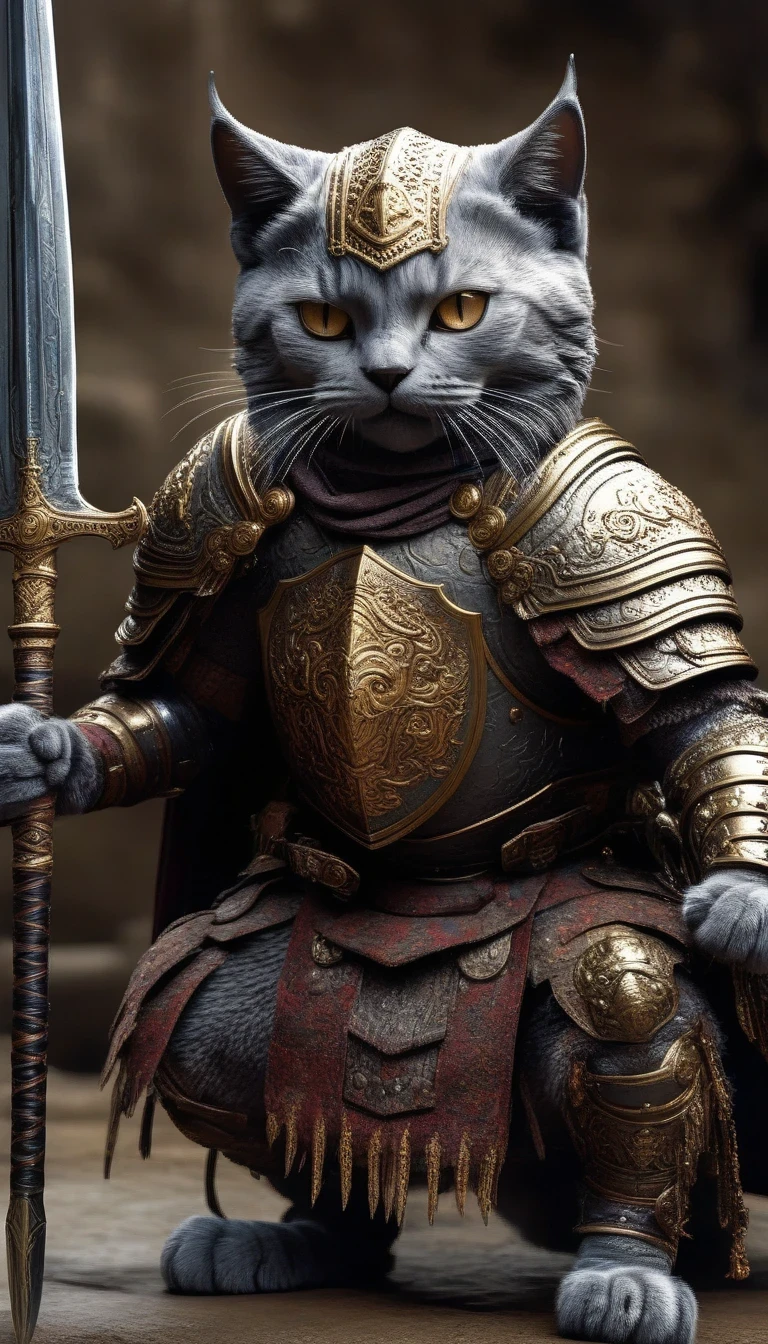 (HD: 1.2),(realistic: 1.37),(Cat Knight), anthropomorphic, hairy，dark horse, battlefield, medieval, war, battle, victory, danger, honor, bravery, armor, shield, sword, hero, commander-in-chief's presence, ferocious, self-confident, beautifully detailed eyes, beautifully detailed lips, sharply focused, ultra-detailed, fierce action, epic clash, adventurous, emerges from flames Protecting the innocent, stunning, compelling, thrilling, unforgettable, valor, heroic, majestic, graceful, lightning fast, extraordinary strength, master of defense, unstoppable power, dominating the battlefield, defending the kingdom, ferocious foe, defender of the righteous, unwavering determination, majestic imagery, magnificent backdrops, dramatic lighting, vibrant colors, bold brushstrokes, impressive deep detail, extraordinary fantasy, mythical warriors, legendary tales.