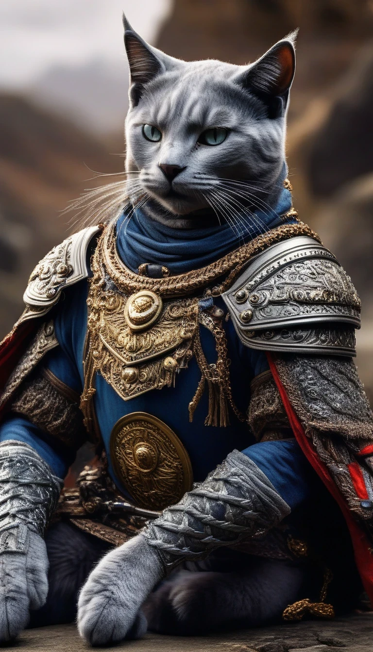 (HD: 1.2),(realistic: 1.37),(Cat Knight), anthropomorphic, hairy，dark horse, battlefield, medieval, war, battle, victory, danger, honor, bravery, armor, shield, sword, hero, commander-in-chief's presence, ferocious, self-confident, beautifully detailed eyes, beautifully detailed lips, sharply focused, ultra-detailed, fierce action, epic clash, adventurous, emerges from flames Protecting the innocent, stunning, compelling, thrilling, unforgettable, valor, heroic, majestic, graceful, lightning fast, extraordinary strength, master of defense, unstoppable power, dominating the battlefield, defending the kingdom, ferocious foe, defender of the righteous, unwavering determination, majestic imagery, magnificent backdrops, dramatic lighting, vibrant colors, bold brushstrokes, impressive deep detail, extraordinary fantasy, mythical warriors, legendary tales.