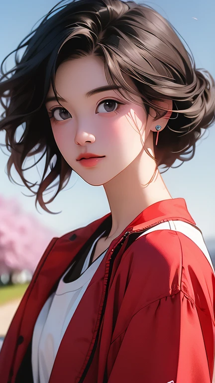 close portrait, 1 girl, Slope,Cherry Blossom_background, hd wallpaper_background, looking for_in_viewer, head tilt, slight smile, black_hair, JM solo