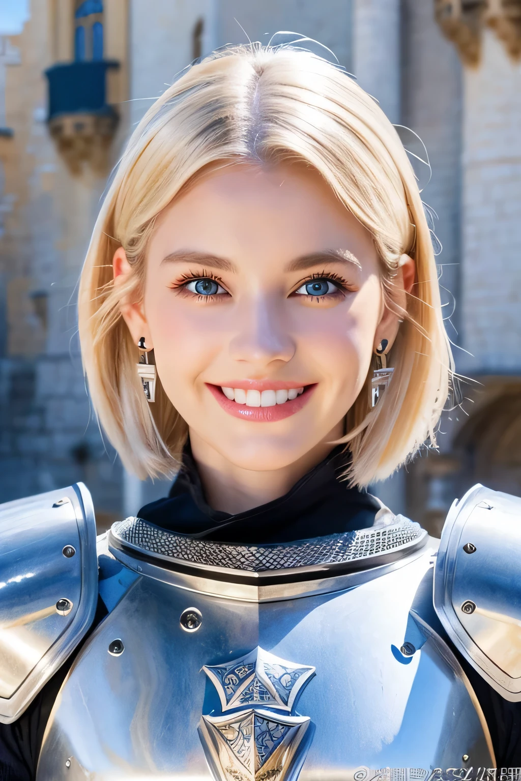 8K、highest quality、female knight、The background is a castle、Luxurious Silver Armor、heavy equipment、hairstyle short cut、smile、beautiful teeth、full body photo、ear piercing、blonde、white woman、blue eyes、