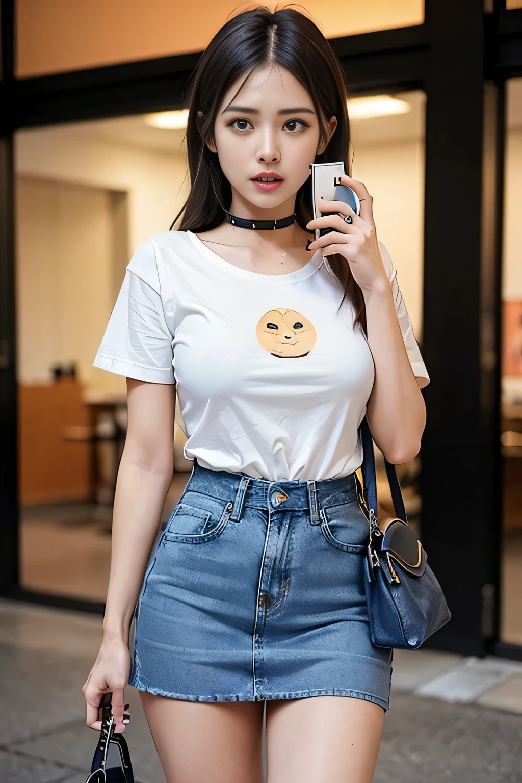 alone、((straight long hair:1.4))、((black hair:1.4))、Ｔshirt、((Denim miniskirt that emphasizes the thighs))、((Denim miniskirt that emphasizes the thighsを穿いている:1.4))、((cowboy shot:1.4))、((plain white short sleeve tee shirt:1.4))、Long white T-shirt、((Denim miniskirt that emphasizes the thighs:1.4))、black eye、((Plain white T-shirt:1.4))、short sleeve,1 girl,sexy pose,highest quality,masterpiece,figure,very delicate and beautiful,cg,unity,8k wallpaper,wonderful,finely,masterpiece,official art,very detailed cg unity 8k wallpaper,incredibly absurd,huge file size,Super detailed,High resolution,very detailed,beautiful detailed girl,realistic,full frontal,outdoor,contrast of light、((Expression of fear 1.4))、((making a call on a smartphone:1.7))、((has a handbag in hand:1.7))、