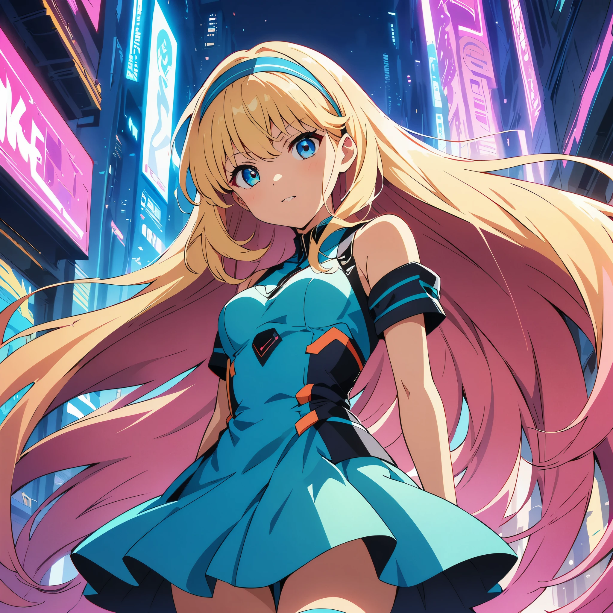 (anime artwork, anime style, studio anime, very detailed, up to date, vibrant, Anime Coloring, high contrast, masterpiece:1.2, best quality, best aesthetics), Anime girl wearing a dress and headband standing in front of a building, ((Digital Cyberpunk - Anime Art)), cyber high school girl, cyberpunk anime art, Portrait:Anime Space Cadet, jumping, long flowing hair, Determined Eyes, powerful stroke, adrenaline rush, Detailed weapons, strength, impact, energy, Cool action scenes,
