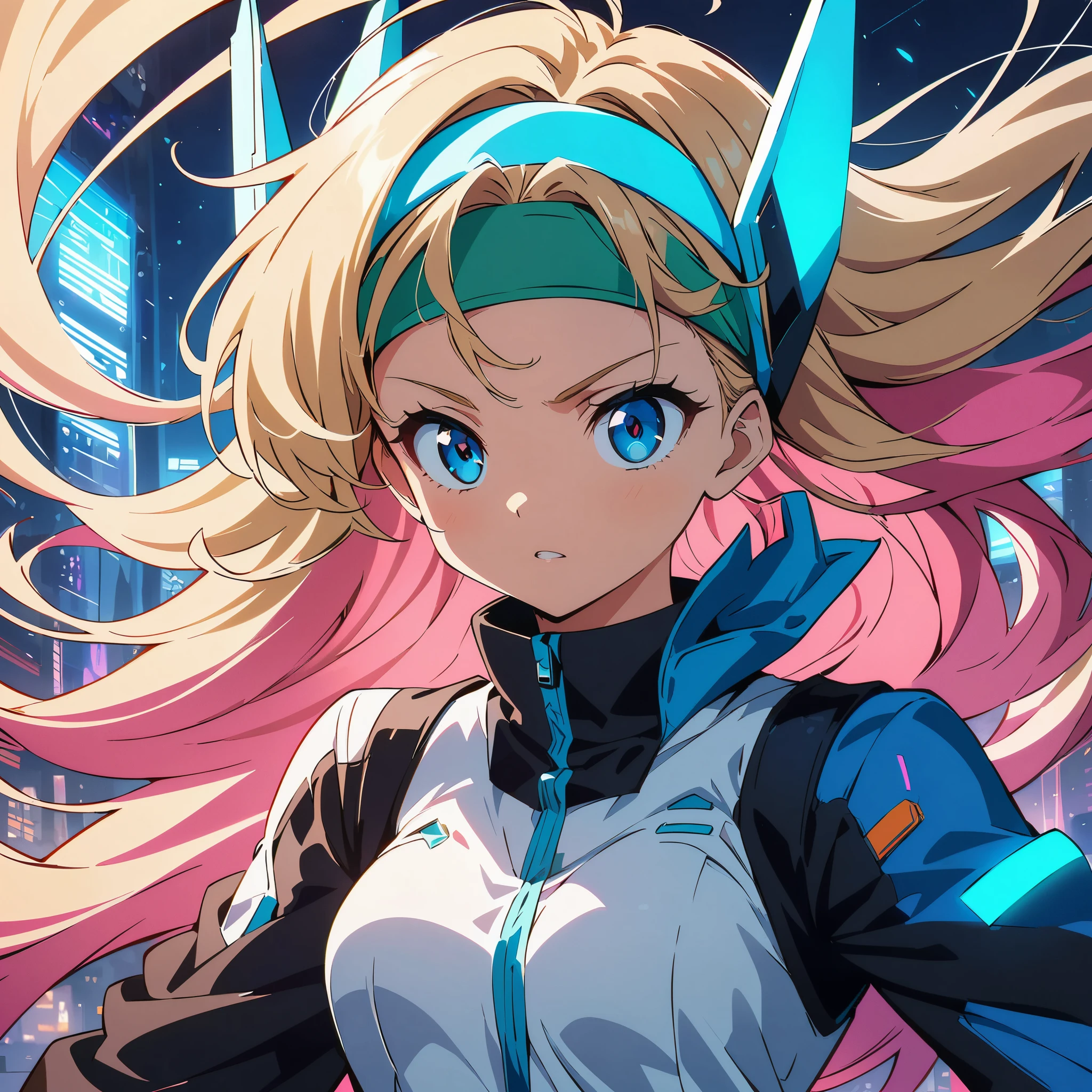 (anime artwork, anime style, studio anime, very detailed, up to date, vibrant, Anime Coloring, high contrast, masterpiece:1.2, best quality, best aesthetics), Anime girl wearing a dress and headband standing in front of a building, ((Digital Cyberpunk - Anime Art)), cyber high school girl, cyberpunk anime art, Portrait:Anime Space Cadet, jumping, long flowing hair, Determined Eyes, powerful stroke, adrenaline rush, Detailed weapons, strength, impact, energy, Cool action scenes,