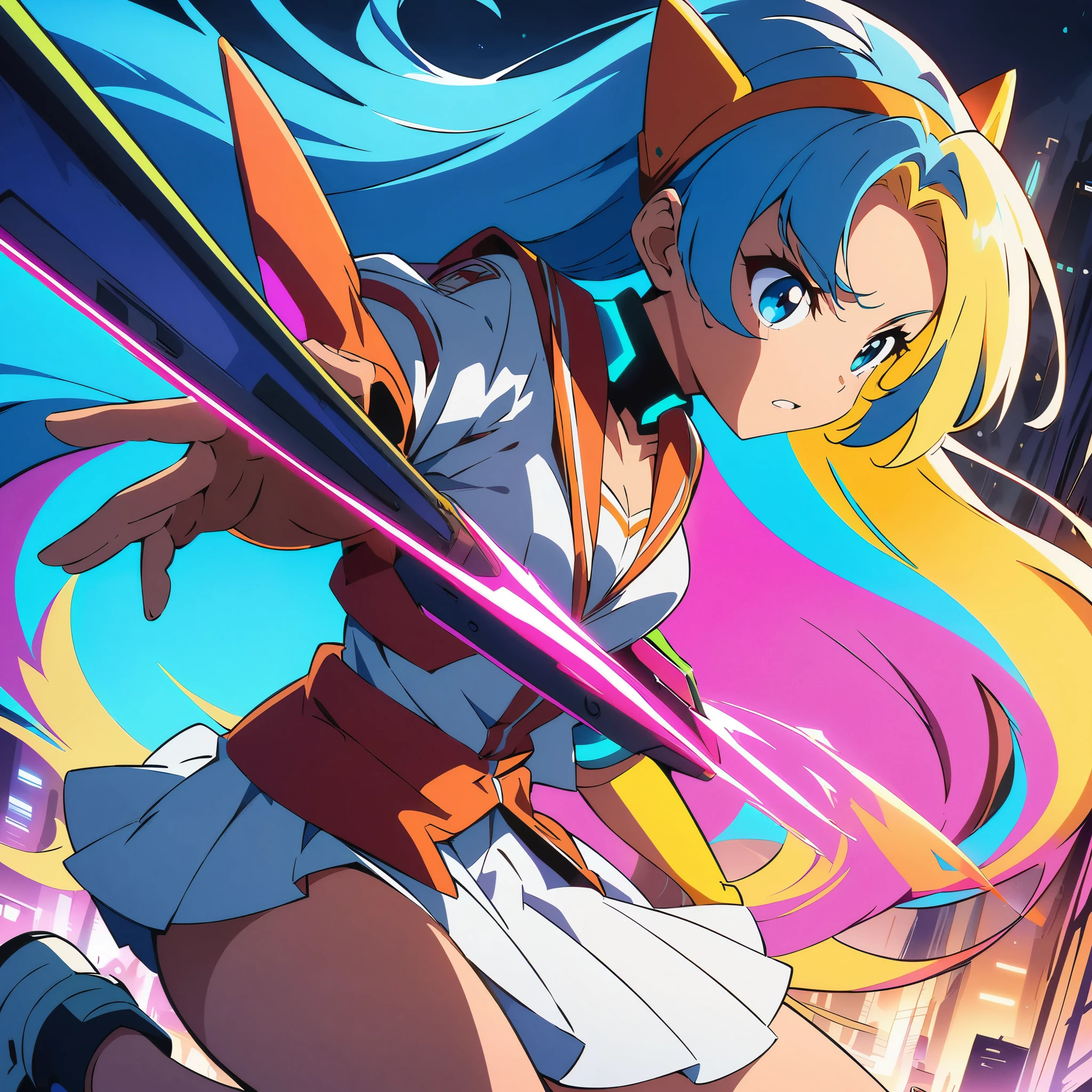 (anime artwork, anime style, studio anime, very detailed, up to date, vibrant, Anime Coloring, high contrast, masterpiece:1.2, best quality, best aesthetics), Anime girl wearing a dress and headband standing in front of a building, ((Digital Cyberpunk - Anime Art)), cyber high school girl, cyberpunk anime art, Portrait:Anime Space Cadet, jumping, long flowing hair, Determined Eyes, powerful stroke, adrenaline rush, Detailed weapons, strength, impact, energy, Cool action scenes,