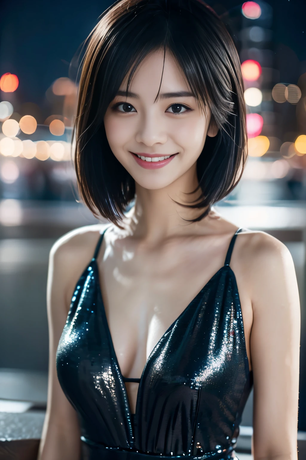 Glittering night view、Chic black dress、挑発的なsmile、beautiful japanese actress、look down, Close your eyes and smile、closed mouth、short hair、Erotic fashion、smile、beautiful japanese actress、(genuine、フォトgenuine)、beautiful japanese actress、short hair、Sakimi-chan、cinema light， genuineisticlying， highest quality， complex CG，highly detailed face，high detail eyes，