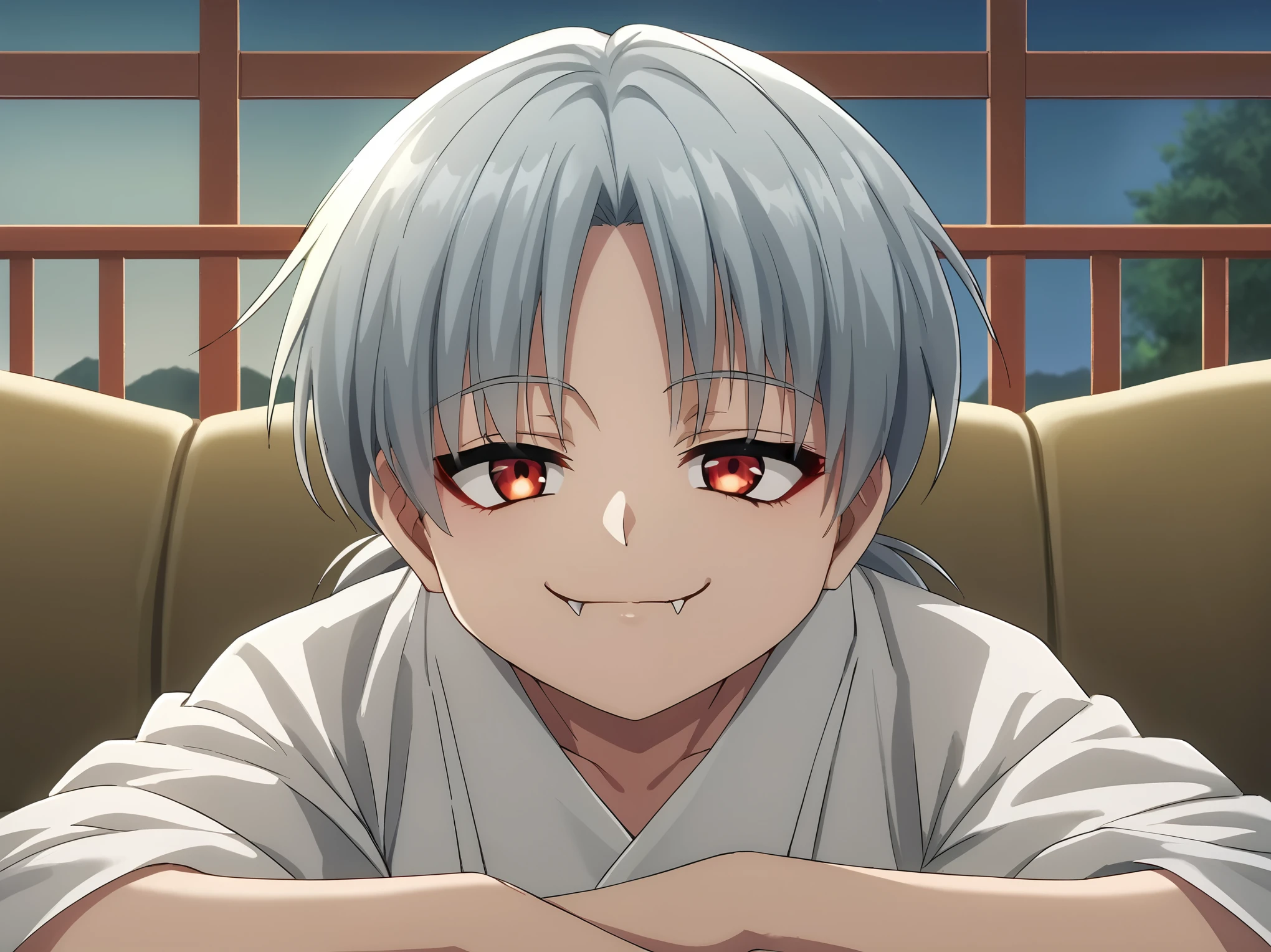 score_4, score_5, score_6, score_9, score_8_up, score_7_up, source_anime, fine anime screencap_xl, anime_screencap,, 1boy,solo,outdoors, hellsing, seras, vampire, fangs, face closeup, face focus , couch, indoors, seductive, face closeup, ((closed mouth)), smirk, thighs, long shot, balcony, mountain and riverbackground, fancy, white couch, laying, leaning, front view, exposed penis, shorts with rope outline, white robe, genderswap, genderbend, bulge, genderbend ftm, ftm, short hair, femboy, Japanese rope underwear, shota, young, very young, aged down, lole, tiny, night time, smug, smirk, night, after dark,  cannopy curtain, curtain, fancy cannopy curtian, medium penis, twintails, short twintails, low twintails, red eyes, red eyeshadow