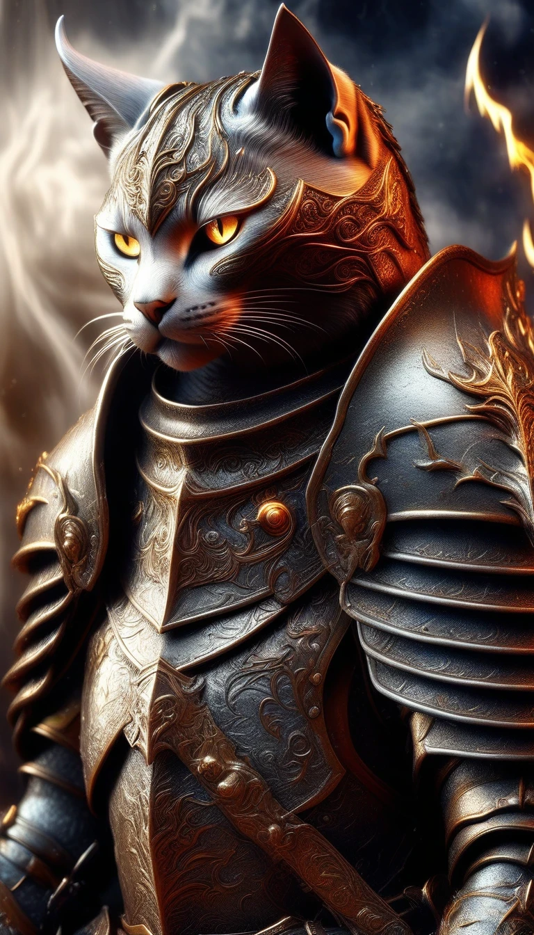 (HD: 1.2),(realistic: 1.37),(Cat Knight), anthropomorphic, dark horse, battlefield, medieval, war, battle, victory, danger, honor, bravery, armor, shield, sword, hero, commander-in-chief's presence, ferocious, self-confident, beautifully detailed eyes, beautifully detailed lips, sharply focused, ultra-detailed, fierce action, epic clash, adventurous, emerges from flames Protecting the innocent, stunning, compelling, thrilling, unforgettable, valor, heroic, majestic, graceful, lightning fast, extraordinary strength, master of defense, unstoppable power, dominating the battlefield, defending the kingdom, ferocious foe, defender of the righteous, unwavering determination, majestic imagery, magnificent backdrops, dramatic lighting, vibrant colors, bold brushstrokes, impressive deep detail, extraordinary fantasy, mythical warriors, legendary tales.