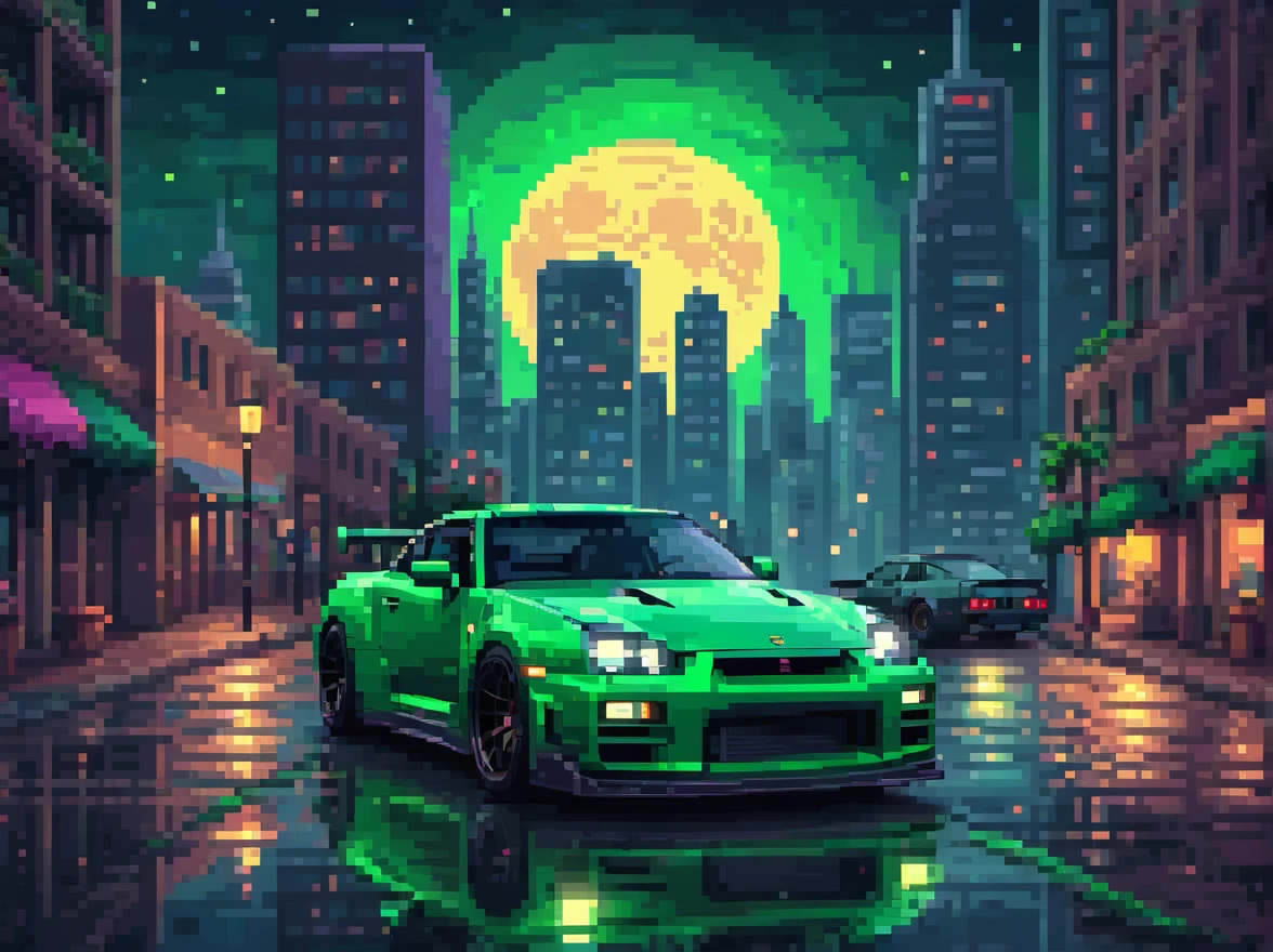 Pixel art, a captivating scene of a green porche 9-11and black Nissan gtr skyline street racing with a synthwave aesthetic, at starry night with a full moon, city 2d, a beautiful backdrop pedestriasns watching , nostalgic ambiance, masterpiece in resolution, superb quality. | ((More_Detail)) artwork by (((allinpixel))) , dithering usage, pixel perfect pencil tool usage, shading and highlighting effects, pixelated, pixilation design,