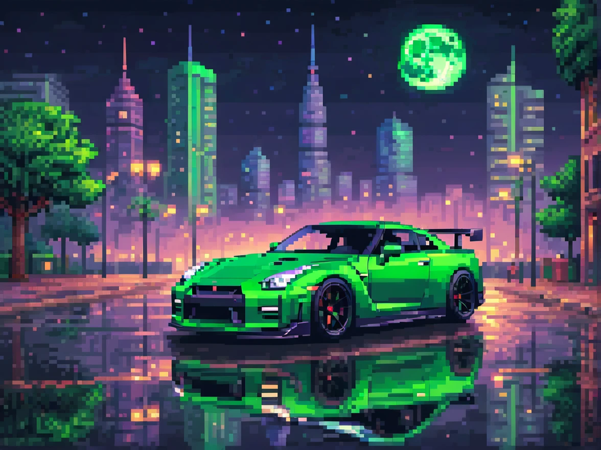Pixel art, a captivating scene of a green porche 9-11and black Nissan gtr skyline street racing with a synthwave aesthetic, at starry night with a full moon, city 2d, a beautiful backdrop pedestriasns watching , nostalgic ambiance, masterpiece in  resolution, superb quality. | ((More_Detail)) artwork by (((allinpixel))) , dithering usage, pixel perfect pencil tool usage, shading and highlighting  effects, pixelated, pixilation design,  