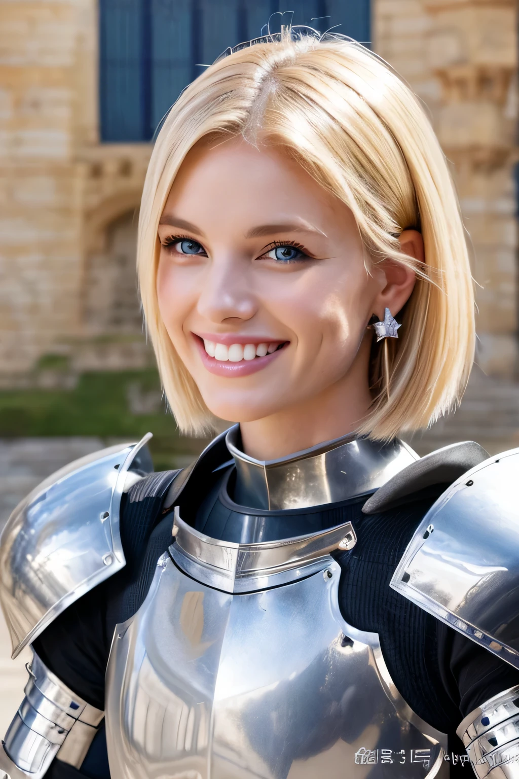 8K、highest quality、female knight、The background is a castle、Luxurious Silver Armor、heavy equipment、hairstyle short cut、smile、beautiful teeth、full body photo、ear piercing、blonde、white woman、blue eyes、