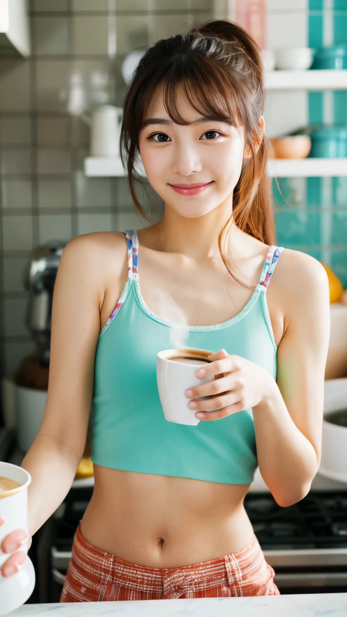 close-up, of beautiful korean female, wearing crop top , slightly smile, making coffee in the kitchen, bokeh background, UHD