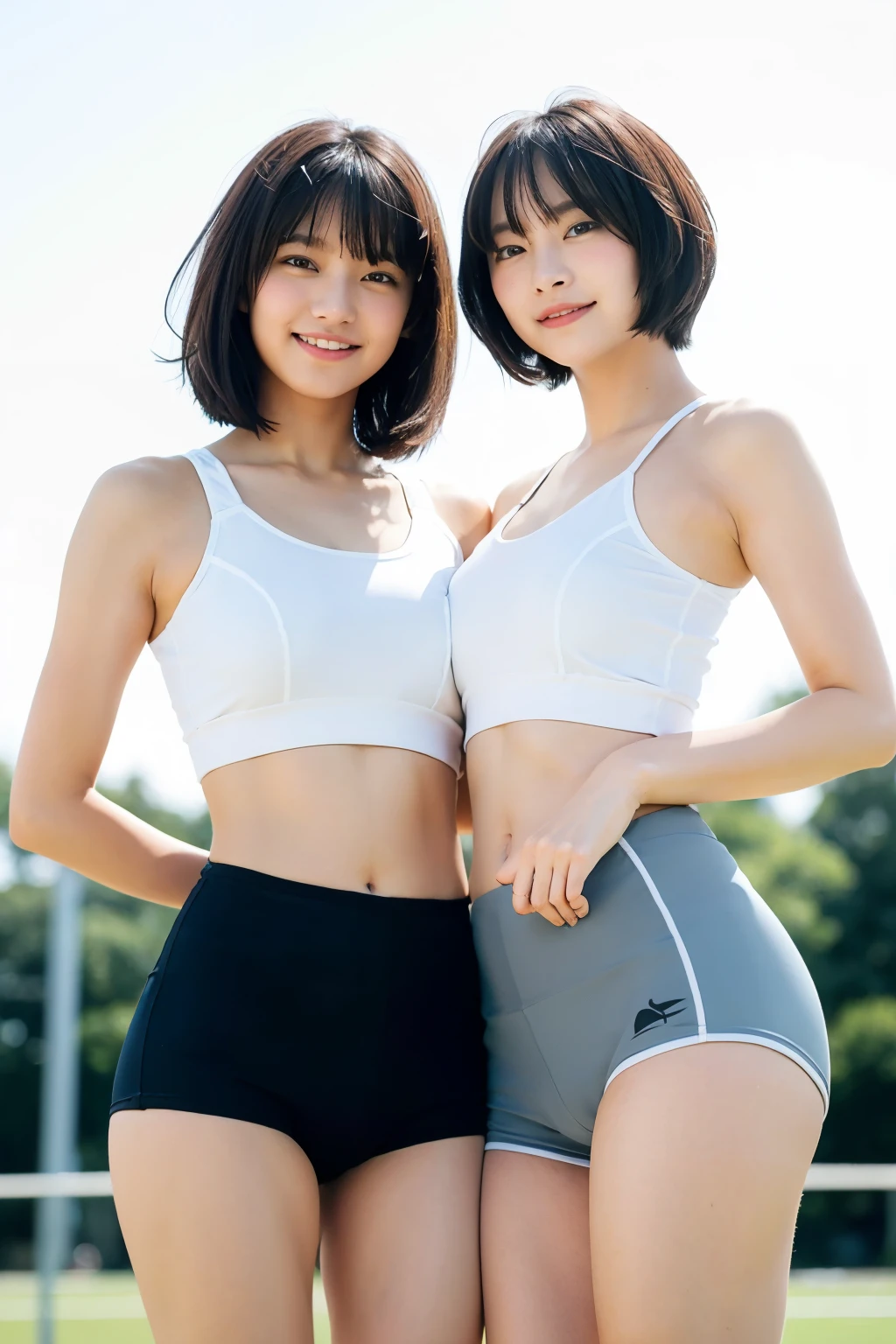 ((Athletes Women))、(((1人)))、Tight pants、((Packed athletics stadium))、kawaii、A slight smil、full bodyesbian、track and field、(Perfect style)、((A sexy))、((Shining sweat))、(((Short-cut hairstyles )))、Women in Japan、Photorealsitic、Beautiful detailed eyes、Hyper-Realism、highcontrast、Ultra HD、realistic skin textures、Top image quality、top-quality、超A high resolution、Fine details、Very meticulously