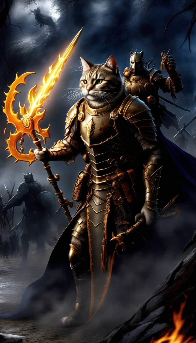 (HD: 1.2),(realistic: 1.37),(Cat Knight), anthropomorphic, dark horse, battlefield, medieval, war, battle, victory, danger, honor, bravery, armor, shield, sword, hero, commander-in-chief's presence, ferocious, self-confident, beautifully detailed eyes, beautifully detailed lips, sharply focused, ultra-detailed, fierce action, epic clash, adventurous, emerges from flames Protecting the innocent, stunning, compelling, thrilling, unforgettable, valor, heroic, majestic, graceful, lightning fast, extraordinary strength, master of defense, unstoppable power, dominating the battlefield, defending the kingdom, ferocious foe, defender of the righteous, unwavering determination, majestic imagery, magnificent backdrops, dramatic lighting, vibrant colors, bold brushstrokes, impressive deep detail, extraordinary fantasy, mythical warriors, legendary tales.