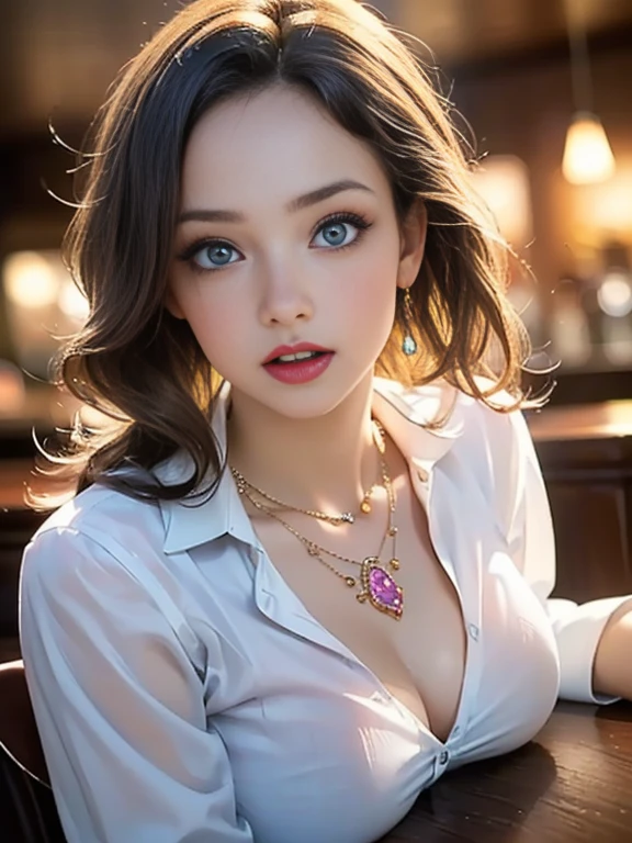 (best quality, 8k, highres, photorealistic:2.0), (solo, one girl:2.0),(pin up girl:1.5),(photo taken using flash:1.9),(brighten the subject:1.8),(Photographed at an upscale bar:2.0),(Chubby body girl:1.5),(shiny skin:1.5),(oily skin:1.5),(blonde woman:1.8),(long hair:1.5),(ultimate beautiful girl),(cool beauty girl:1.5),(fat body girl),(plump woman:1.5),(Kind hearted woman),(very kind lady),(caring woman),(attentive woman),(very elegant woman:1.3),Blush brown makeup , dark eye makeup ,pink lipstick,(big beady eyes girl:1.3),(droopy-eyes woman:1.3),(blue eyes girl:1.3),(intense sex appeal:1.5),(expensive necklace:1.5),(prostitute girl),(amazing orgasm ecstasy),(She makes a sexy bold pose),(carnal women:1.5),chuuChloe,(she is very skilled in sex),(she has a very happy expression on her face:1.5),(Brightly light the subject's face),(very tight shirt),(sheer shirt:1.5),(very soft breasts),(Nipples erect inside clothes:1.15)
