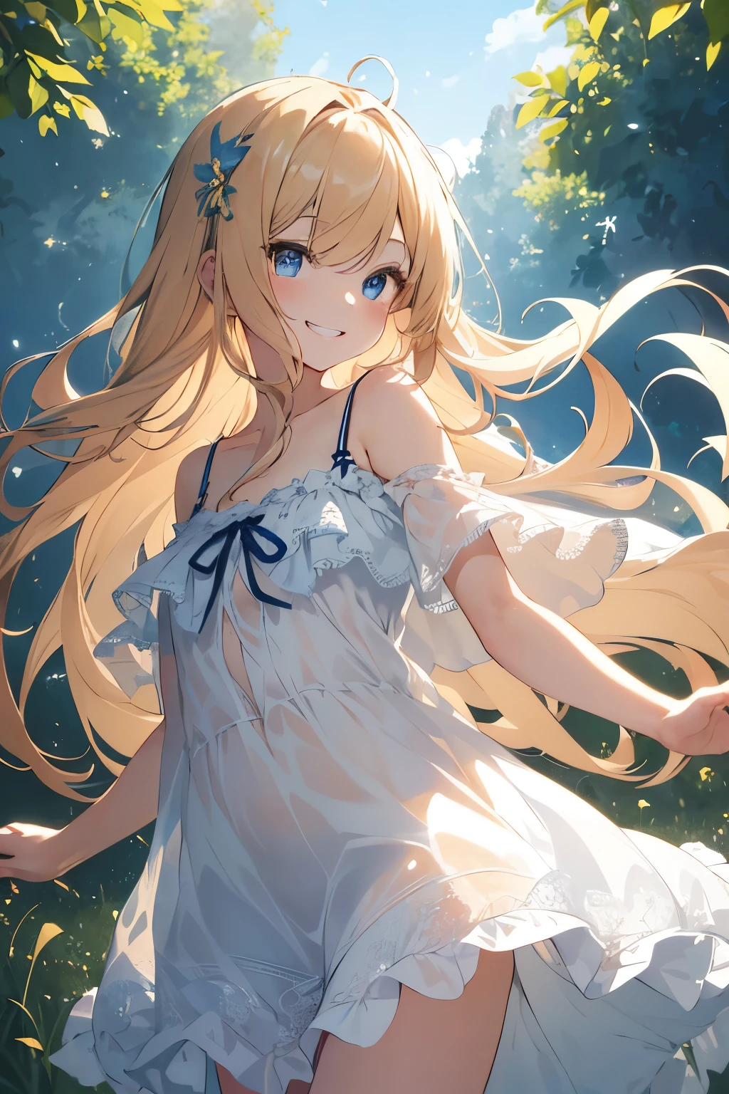 Masterpiece of best quality in 8K resolution, showcasing a 1 kawaii young girl with a flat chest, very long blonde hair styled with bangs and floating in the wind lift, blue eyes sparkling brightly, and a stylish shaped face framing a grin and a contagious smile. Dressed in a white sheer sundress with a see-through silhouette, off-shoulder design, and spreading arms wide, she poses from different angles – from below and from the side – under dynamic lighting in a vivid, colorful grassy field. This illustration, reminiscent of upanime style, breaks the conventions with a deformed yet adorable concept,