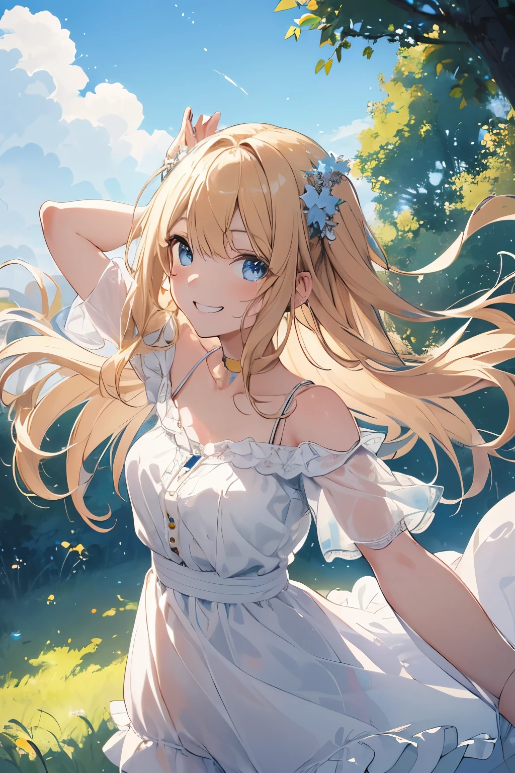 Masterpiece of best quality in 8K resolution, showcasing a 1 kawaii young girl with a flat chest, very long blonde hair styled with bangs and floating in the wind lift, blue eyes sparkling brightly, and a stylish shaped face framing a grin and a contagious smile. Dressed in a white sheer sundress with a see-through silhouette, off-shoulder design, and spreading arms wide, she poses from different angles – from below and from the side – under dynamic lighting in a vivid, colorful grassy field. This illustration, reminiscent of upanime style, breaks the conventions with a deformed yet adorable concept,