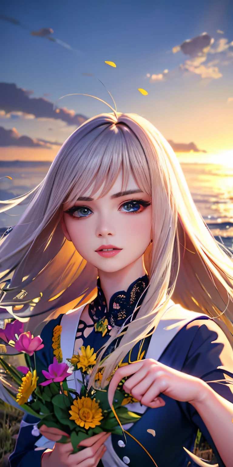 Melhor qualidade,ultra-detalhado, realista,photorealista:1.37, cores vibrantes, Bright lighting, garota, adolescente, lindos olhos detalhados, beautiful detailed lips, youthful appearance, Roupas elegantes, confident expression, beleza natural, long flowing hair, ambiente ao ar livre, dia ensolarado, Flores desabrochando, grama verde, Borboletas coloridas, peaceful atmosphere, humor alegre, carefree spirit, moda moderna, fundo moderno, Energetic Pose, dynamic composition, artistic rendering, retrato, high resolution, pinceladas magistrais, detalhes requintados, texturas realistas, flawless skin tones, lively and dynamic appearance, olhar cativante, Kind smile.