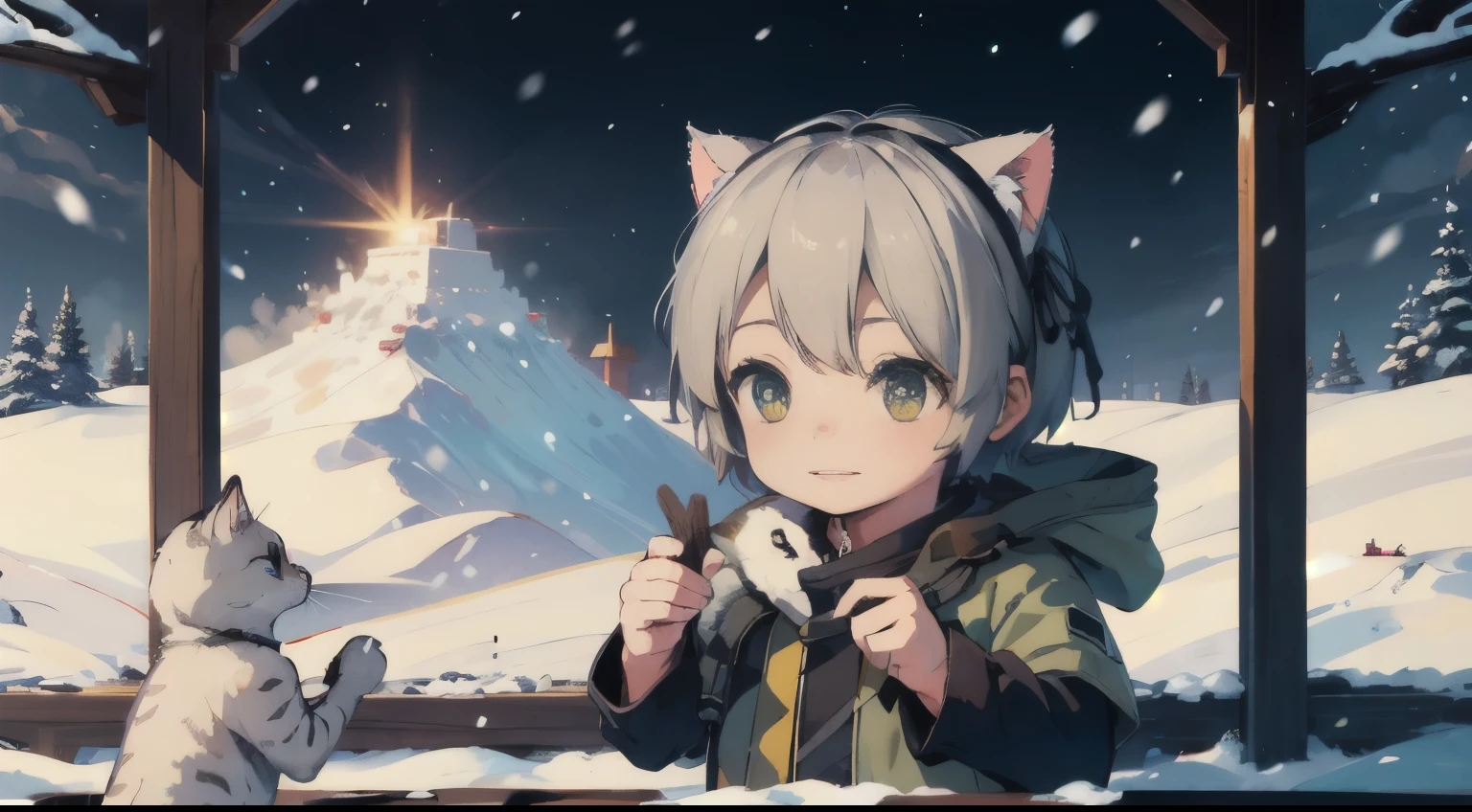 (masterpiece), best quality, high detail, surreal, ,White kitten, little boy, Snow,little boy堆雪人，snow scene，猫咪站在little boy肩膀上和little boy堆雪人，cure