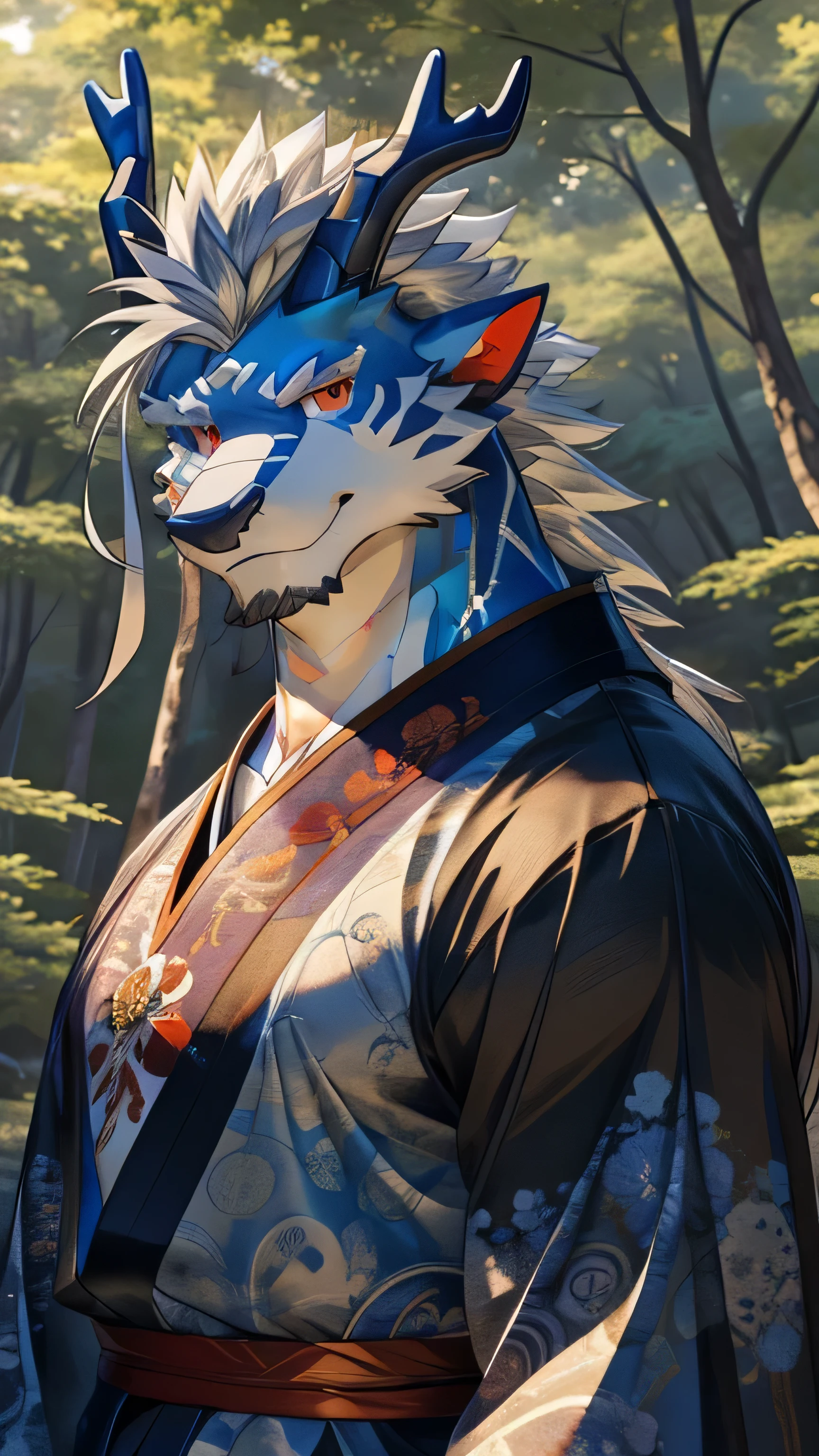 Solo, dragon, eastern dragon male, gray hair, white body fur, muscular male, elder male, light red eyes, wearing pure black Hanfu, gray fur tuft, eastern necklace, forest background, ( masterpiece, 8k, hd), Looking at viewer, detailed face, detailed eyes, detailed hair, detailed muscles, detailed clothes,