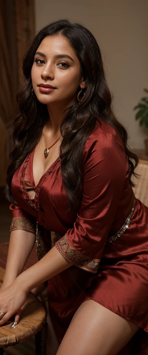 Indian woman((30year old)), eyeing eyes, blue eyes, (((wearing red color silk kurta, kurta, lace trim))), (((wearing diamond necklace, stocking))), (((rearing's))), looking at viewer, in the room, in the leaving room, beautiful sexy body, big breast, big waist, thick thighs, smiling, red lips, eyeshadow, gold ornament, alluring body, ((good proportion)), seducing, realistic background, pose, black wavy hair, chubby women,