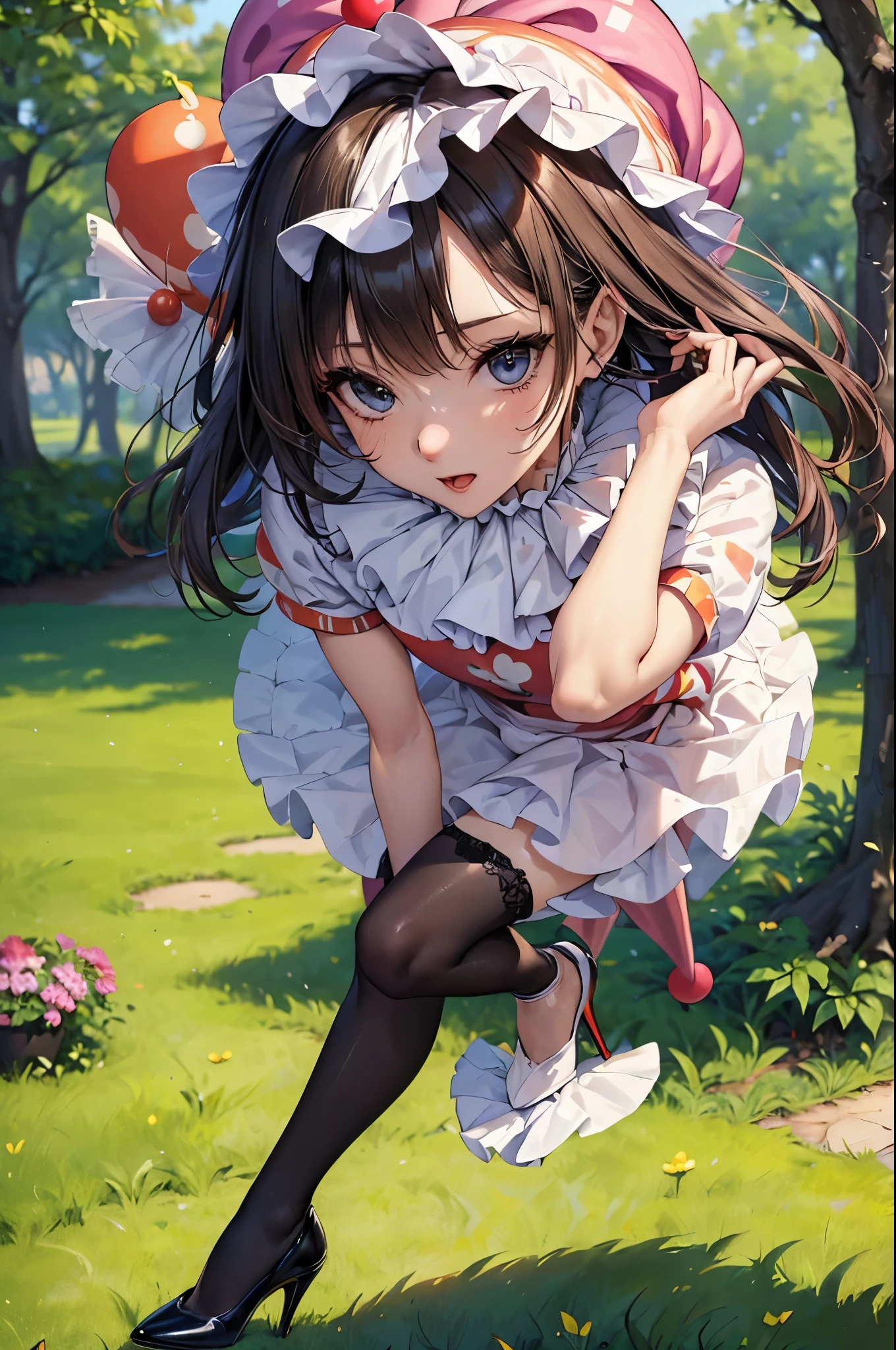 ((Biologically correct number of limbs))、4K、masterpiece、((focus on the face))、((Symmetrical facial features))、Eyes with detailed description、Beautiful woman、outstanding style、beautiful arms、beautiful legs、beautiful hands、(small ass、thin thighs)、Detailed depiction of faces、(high heels、stockings)、close up of face、The background is the park in the morning、((Clown costume))、