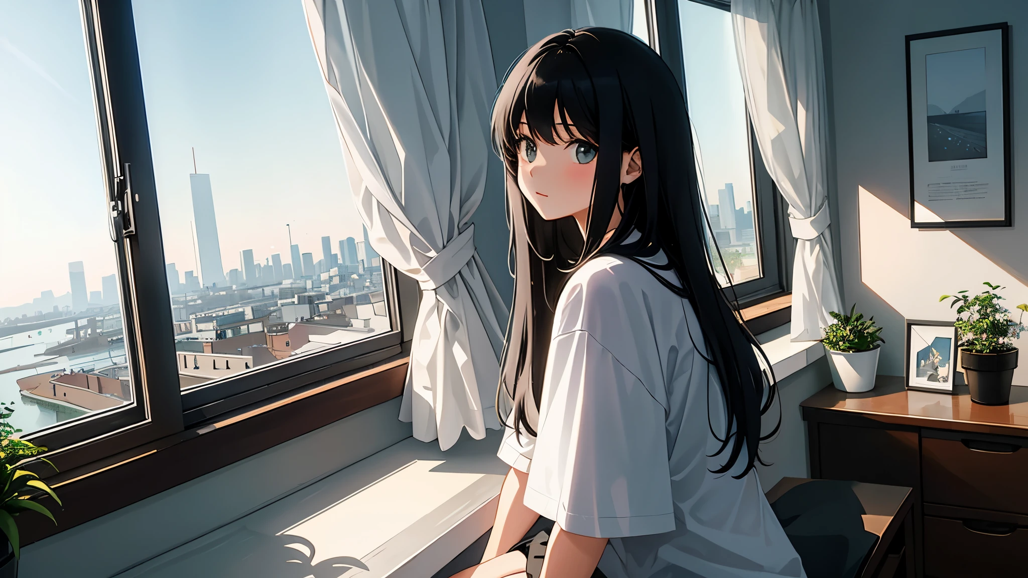 1 girl, alone, sitting, messy room, dirty black hair, looking at the viewer, white panties, black rock t-shirt, darkness, night city view from the window, dark room, Flower pots on the windowsill, potted plants, tulle transparent curtains, river embankment, riverside, socialist classicism, skyscraper, city lights, cityscape, moon, cloud, black sky, silhouette by the window