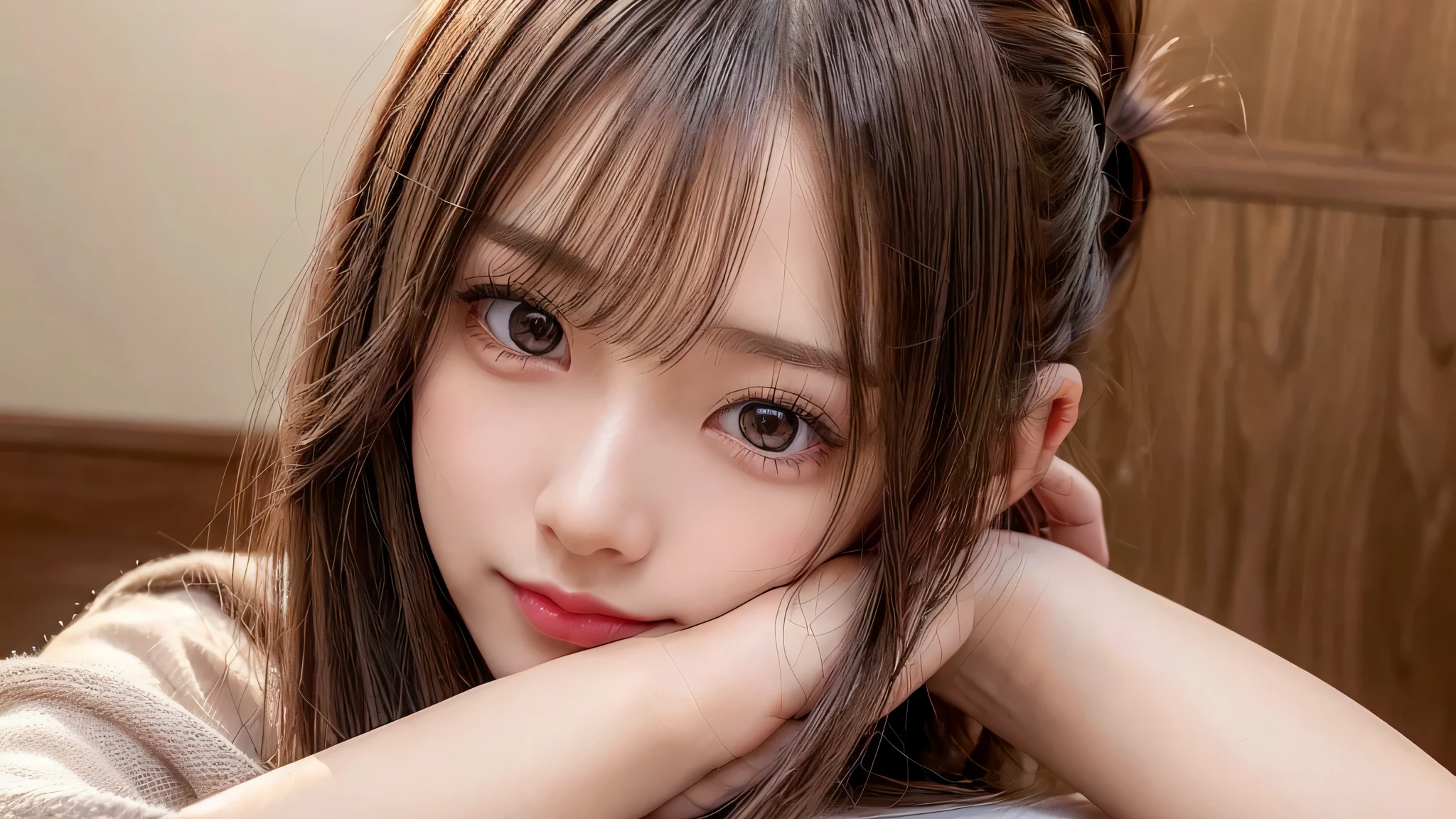 only one,One woman,Room at home, studying at a desk, sitting in a chair, reading a book,blush,small breasts,,long hair ponytail,((8K, Raw photo, best quality, muste piece:1.2), (Reality, photorealistic:1.4), (Highly detailed 8K wallpaper), Depth of the bounds written, cinematic lighting, soft light, detailed beauty eye,Shiny and smooth light brown ponytail, asymmetrical bangs, shiny skin, super detailed skin ,high resolution, high detail, detailed hairstyle, detailed beauty face, hyper real, perfect limbs, perfect anatomy ,1 Japanese girl,famous japanese idol, perfect female body,shy smile,short eyelashes,double-edged eyelids,look straight here,Hair style is ponytail、Neat clothes