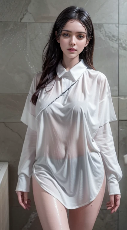 araffe Indian woman in a white shirt is standing in a shower, wet shirt, wet tshirt, wet t shirt, wet t-shirt, wearing a wet white short dress, full body shot close up, curvey body, covered in water drops, angelawhite, under a shower, clothed in white shirt, wet boody, close up half body shot, dripping wet