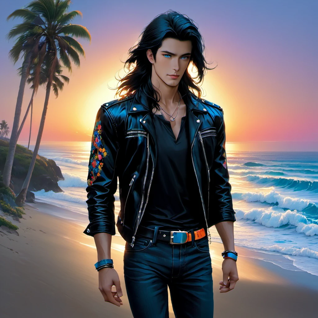 A tall, handsome young men, he has soft, beautiful facial features, dark-haired, he has very long black hair gathered in a tight ponytail, bright blue eyes, he is wearing a black T-shirt with a neon print, a black short leather jacket, black jeans, he has a wide leather belt decorated with iron elements, chains. He walks along the ocean beach at sunset. Masterpiece, perfect drawing, realistic drawing, full-length drawing, detailed study, 8k. full-length image, realistic image, dynamic image, detailed image. an extremely detailed illustration, a real masterpiece of the highest quality, with careful drawing. anime style