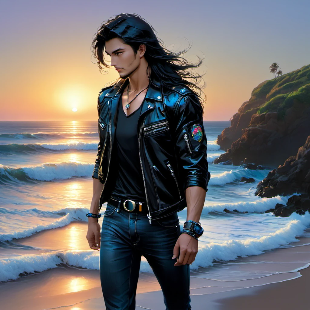 A tall, handsome young men, he has soft, beautiful facial features, dark-haired, he has very long black hair gathered in a tight ponytail, bright blue eyes, he is wearing a black T-shirt with a neon print, a black short leather jacket, black jeans, he has a wide leather belt decorated with iron elements, chains. He walks along the ocean beach at sunset. Masterpiece, perfect drawing, realistic drawing, full-length drawing, detailed study, 8k. full-length image, realistic image, dynamic image, detailed image. an extremely detailed illustration, a real masterpiece of the highest quality, with careful drawing. anime style