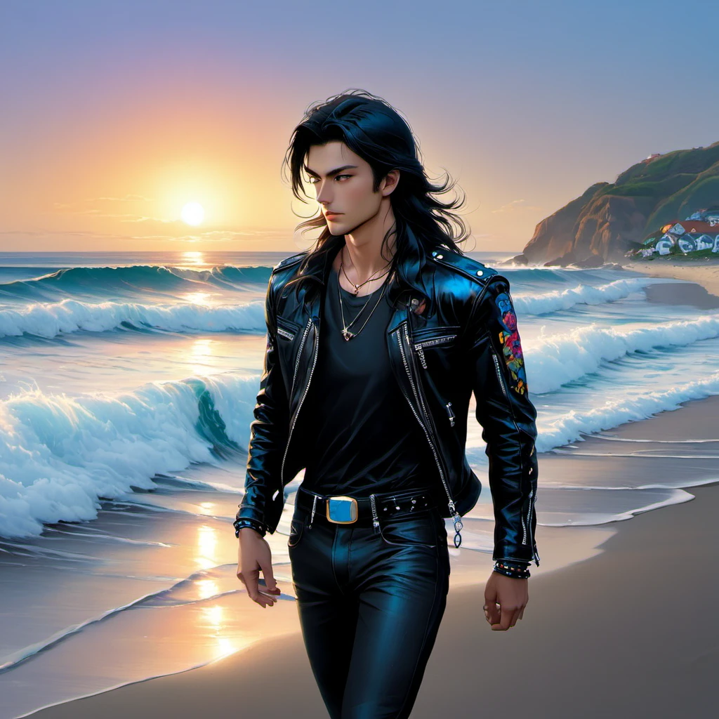 A tall, handsome young men, he has soft, beautiful facial features, dark-haired, he has very long black hair gathered in a tight ponytail, bright blue eyes, he is wearing a black T-shirt with a neon print, a black short leather jacket, black jeans, he has a wide leather belt decorated with iron elements, chains. He walks along the ocean beach at sunset. Masterpiece, perfect drawing, realistic drawing, full-length drawing, detailed study, 8k. full-length image, realistic image, dynamic image, detailed image. an extremely detailed illustration, a real masterpiece of the highest quality, with careful drawing. anime style