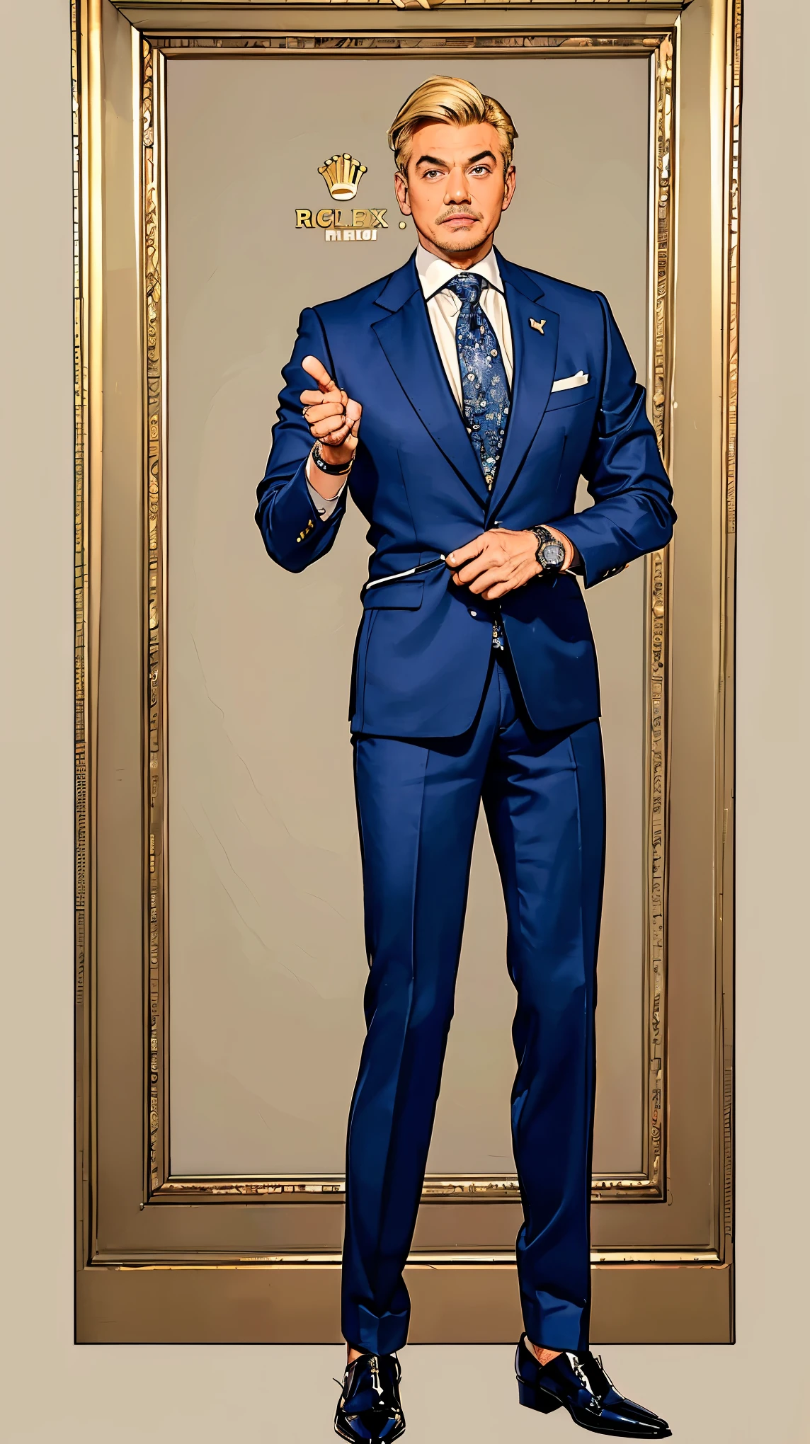 ((best quality,4k,highres,masterpiece:1.2)),((character concept art)), ((1 middle age male, Jewish, age 56)), a successful media magnate, is known not only for his business acumen but also for his indomitable charm and lady-killer persona, His body language is commanding and full of confidence, always suggesting a strategic mind, ((stands out with his blonde wig and tanned skin)), (((wearing a custom-tailored navy blue suit, matching navy tie, a Rolex watch))), Known for his womanizing ways, he carries an aura of a seasoned seducer. ((intricate detail)), super finely detailed hands, ultra finely detailed fingers(((ten fingers))), (standing confidently), (((full body showcase))), (show full body), (no logos on background), (no logo), ((plain background)), ((plain background)), (((empty background))).