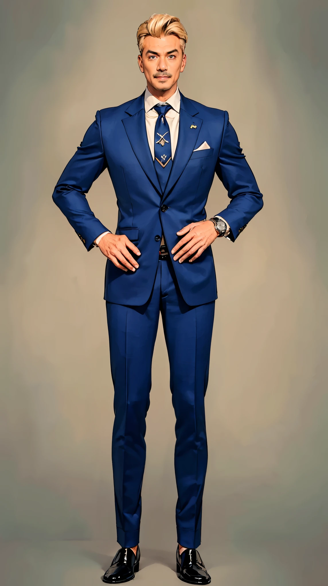 ((best quality,4k,highres,masterpiece:1.2)),((character concept art)), ((1 middle age male, Jewish, age 56)), a successful media magnate, is known not only for his business acumen but also for his indomitable charm and lady-killer persona, His body language is commanding and full of confidence, always suggesting a strategic mind, ((stands out with his blonde wig and tanned skin)),  (((wearing a custom-tailored navy blue suit,  matching navy tie, a Rolex watch))), Known for his womanizing ways, he carries an aura of a seasoned seducer. ((intricate detail)), super finely detailed hands, ultra finely detailed fingers(((ten fingers))), (standing confidently), (((full body showcase))), (show full body), (no logos on background), (no logo), ((plain background)), ((plain background)), (((empty background))).