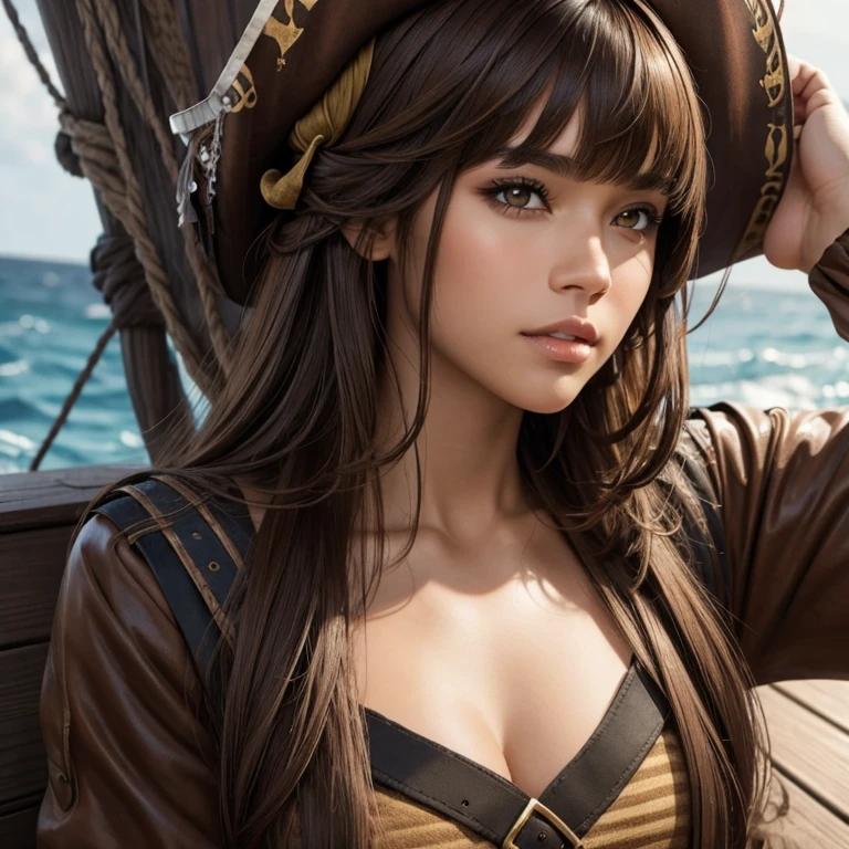 Perfect face, light skin, brown hair, brown eyes, have bangs, long wolfcut hair, pirate
