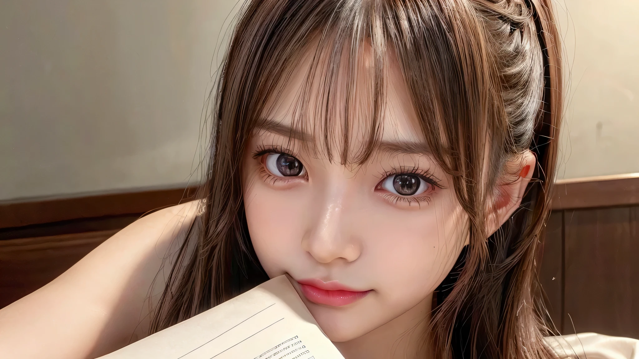 only one,One woman,Room at home, studying at a desk, sitting in a chair, reading a book,blush,Close-up of a small face,small breasts,14 years old,long hair ponytail,((8K, Raw photo, best quality, muste piece:1.2), (Reality, photorealistic:1.4), (Highly detailed 8K wallpaper), Depth of the bounds written, cinematic lighting, soft light, detailed beauty eye,Shiny and smooth light brown ponytail, asymmetrical bangs, shiny skin, super detailed skin ,high resolution, high detail, detailed hairstyle, detailed beauty face, hyper real, perfect limbs, perfect anatomy ,1 Japanese girl,famous japanese idol, perfect female body,shy smile,short eyelashes,double-edged eyelids,look straight here,Hair style is ponytail、Neat clothes