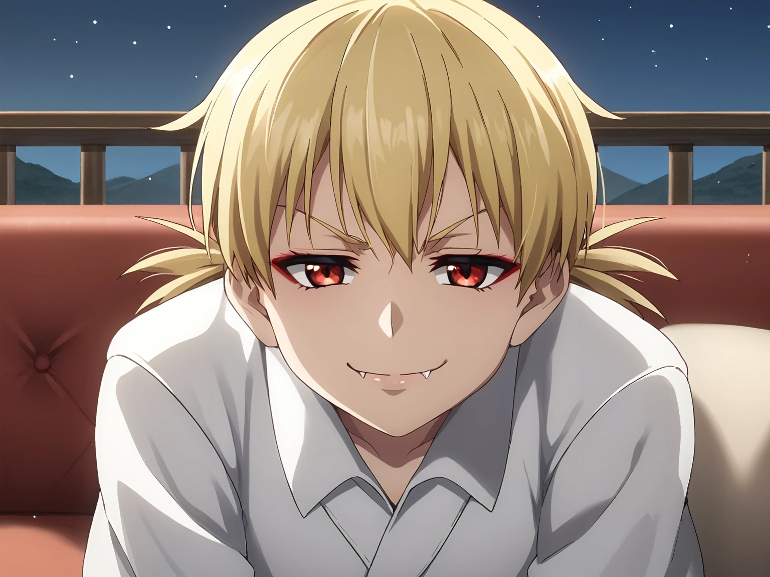 score_4, score_5, score_6, score_9, score_8_up, score_7_up, source_anime, fine anime screencap_xl, anime_screencap,, 1boy,solo,outdoors, hellsing, seras, vampire, fangs, face closeup, face focus , couch, indoors, seductive, face closeup, ((closed mouth)), smirk, thighs, long shot, balcony, mountain and riverbackground, fancy, white couch, laying, leaning, front view, exposed ?????, shorts with rope outline, white robe, genderswap, genderbend, bulge, genderbend ftm, ftm, short hair, femboy, Japanese rope underwear, shota, young, very young, aged down, lole, tiny, night time, smug, smirk, night, after dark, cannopy curtain, curtain, fancy cannopy curtian, medium ?????, twintails, short twintails, low twintails, red eyes, red eyeshadow, blonde hair