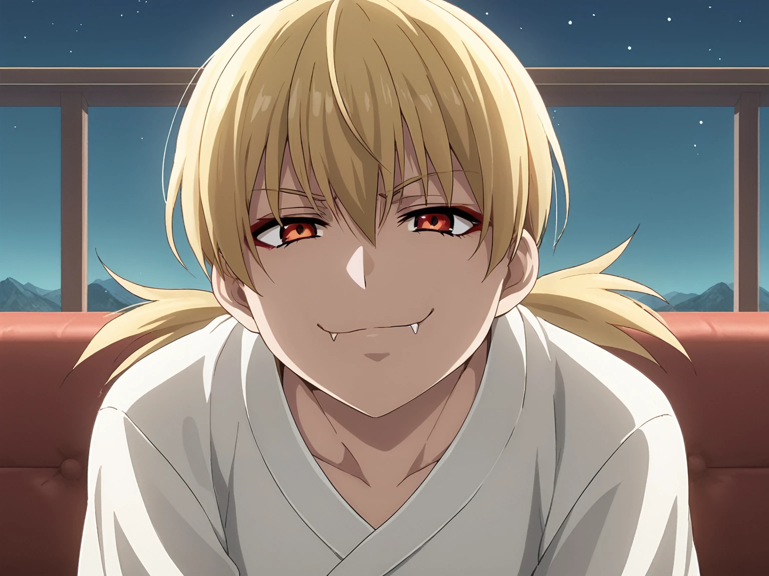score_4, score_5, score_6, score_9, score_8_up, score_7_up, source_anime, fine anime screencap_xl, anime_screencap,, 1boy,solo,outdoors, hellsing, seras, vampire, fangs, face closeup, face focus , couch, indoors, seductive, face closeup, ((closed mouth)), smirk, thighs, long shot, balcony, mountain and riverbackground, fancy, white couch, laying, leaning, front view, exposed penis, shorts with rope outline, white robe, genderswap, genderbend, bulge, genderbend ftm, ftm, short hair, femboy, Japanese rope underwear, shota, young, very young, aged down, lole, tiny, night time, smug, smirk, night, after dark, cannopy curtain, curtain, fancy cannopy curtian, medium penis, twintails, short twintails, low twintails, red eyes, red eyeshadow, blonde hair