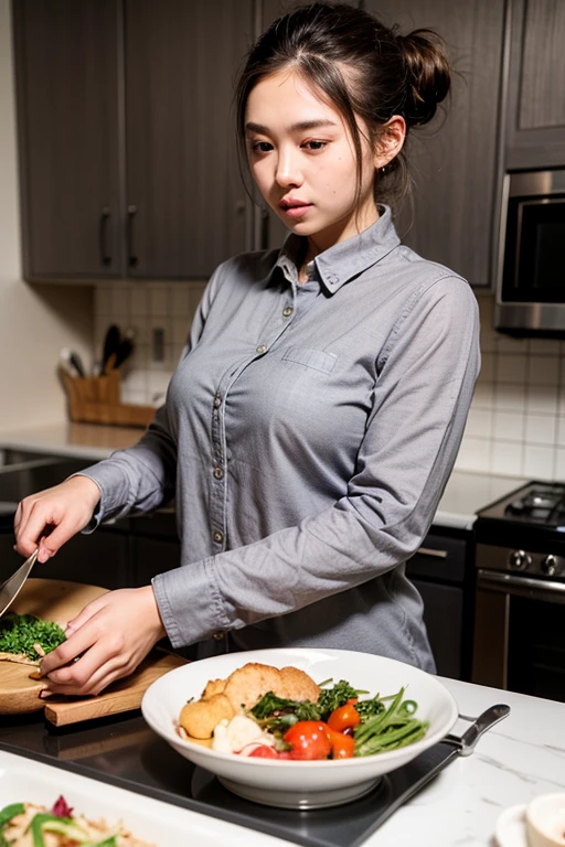 ((best quality:1.2)), ((masterpiece:1.2)), (detailed:1.2), 1 girl, perfect indonesian face, real skin texture, ((chubby body girl)), detailed fingers and rings, messy ponytail bun hair, ((baggy gray long-sleeved collared shirt)), kitchen bacground, full set kitchen, holding a knife, chopping some vegetables, hyperrealistic image, perfect lighting photography, RAW,