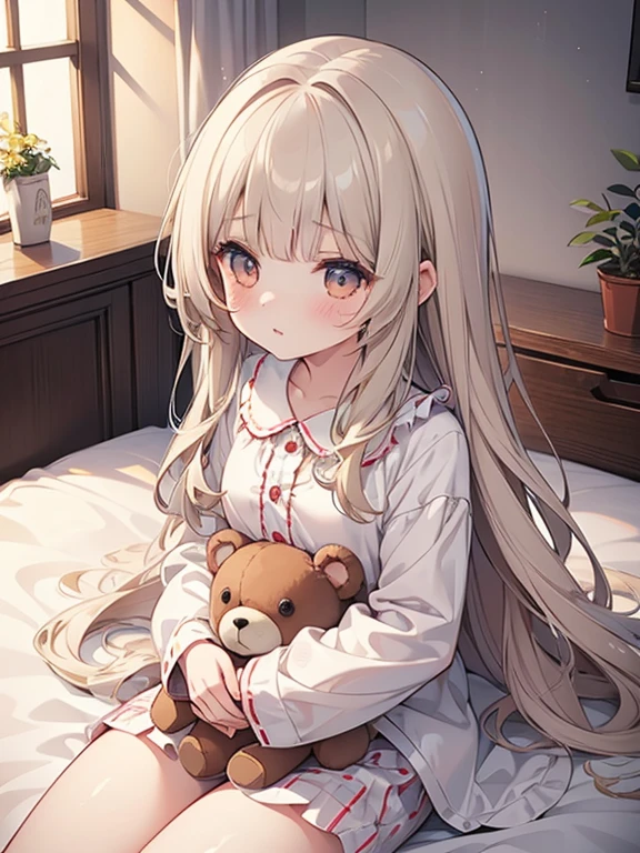 masterpiece, best quality, ultra-detailed, illustration, cute, Girl, Solo, from above, beige hair, long hair, wavy hair, blunt bangs, blouse, sleepy, wearing Pajamas, bed room, hag a stuffed teddy bear