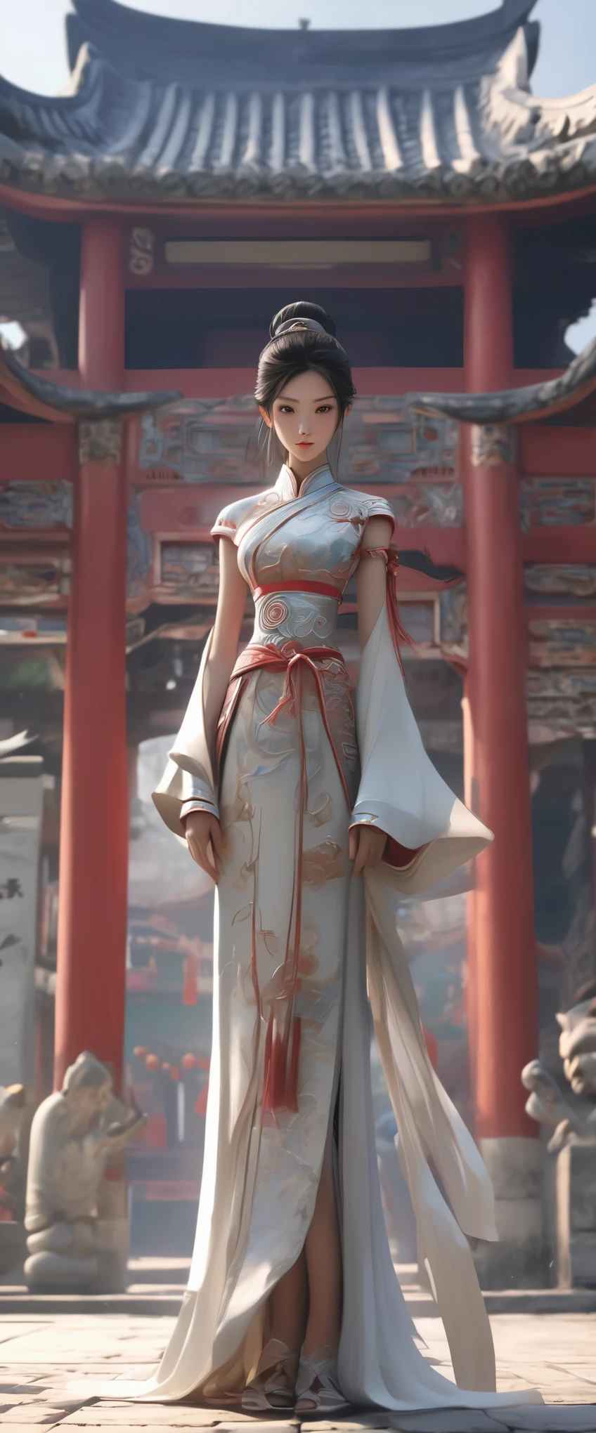 best quality,masterpiece,ultra high resolution,(lifelike:1.4),xiuxian,arms,Detailed face,, 1 girl,alone,arms,split,(magic circle:1.2),xiuxian,Upper body,beautiful girl,whole body,east asian architecture,sheath,architecture,