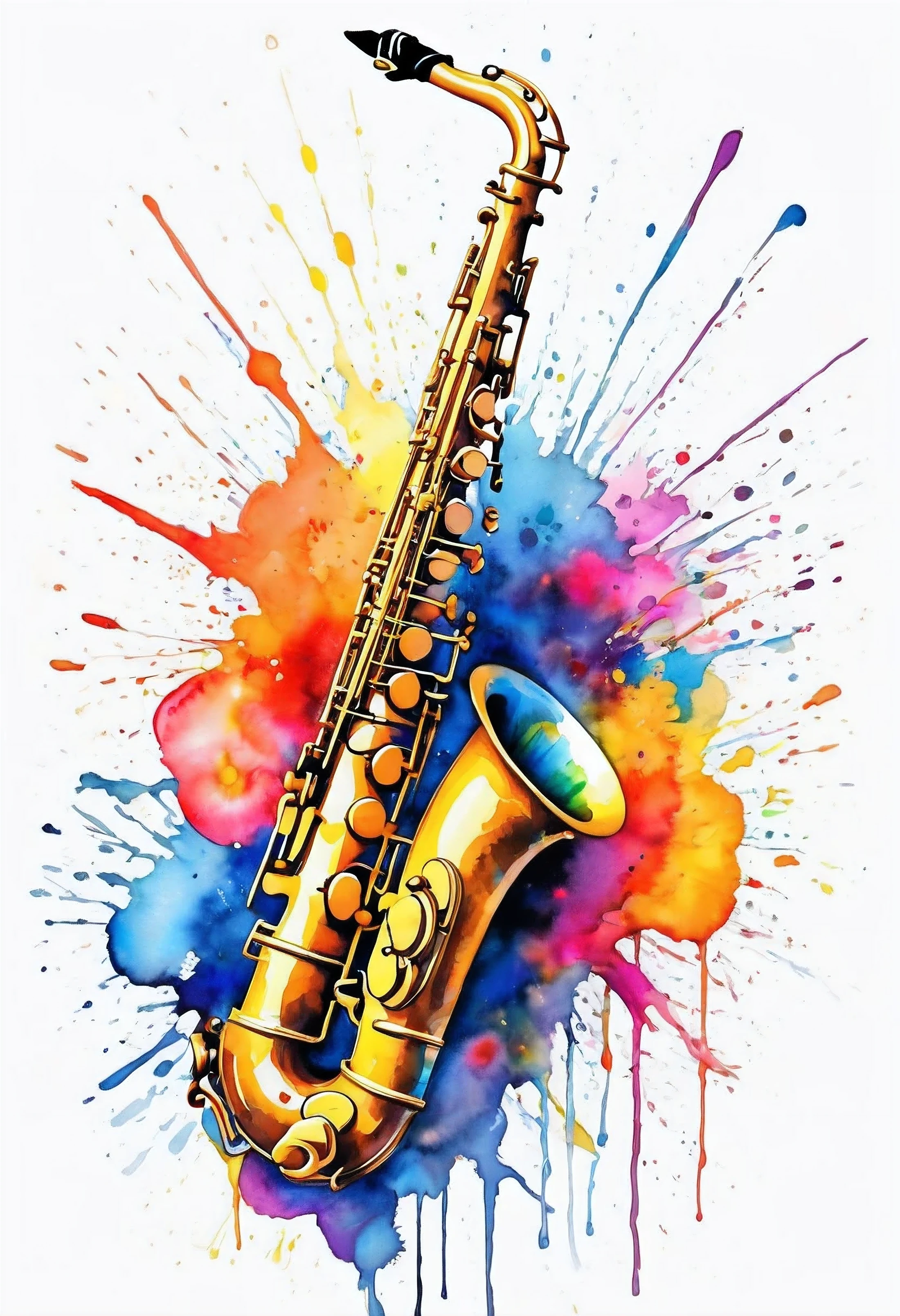 Low saturation, with a further blurred feeling,Draw the sax small in the center,The entire sax is visibl,Ensure sufficient margin,,bright hues,beautiful oval shape,watercolor painting style, There is white space,splash of color, the best ever, colour splash, watercolor detailed art, water color splash, colourful artwork, colorful scene, colourful explosion, colorful splatters, digital artwork, vibrant watercolor painting, color explosion, artistic illustration