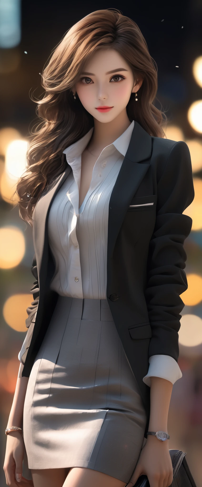top quality, masterpiece, 1 girl, pretty face, (Realistic photos:1.3), edge lighting, (High detail skin:1.2), 8k超HD, DSLR camera, high quality, HD, 4K, 8K, Bokeh, (real: 1.3), Small face, cute girl, black formal blazer, Medium chest, short skirt,office