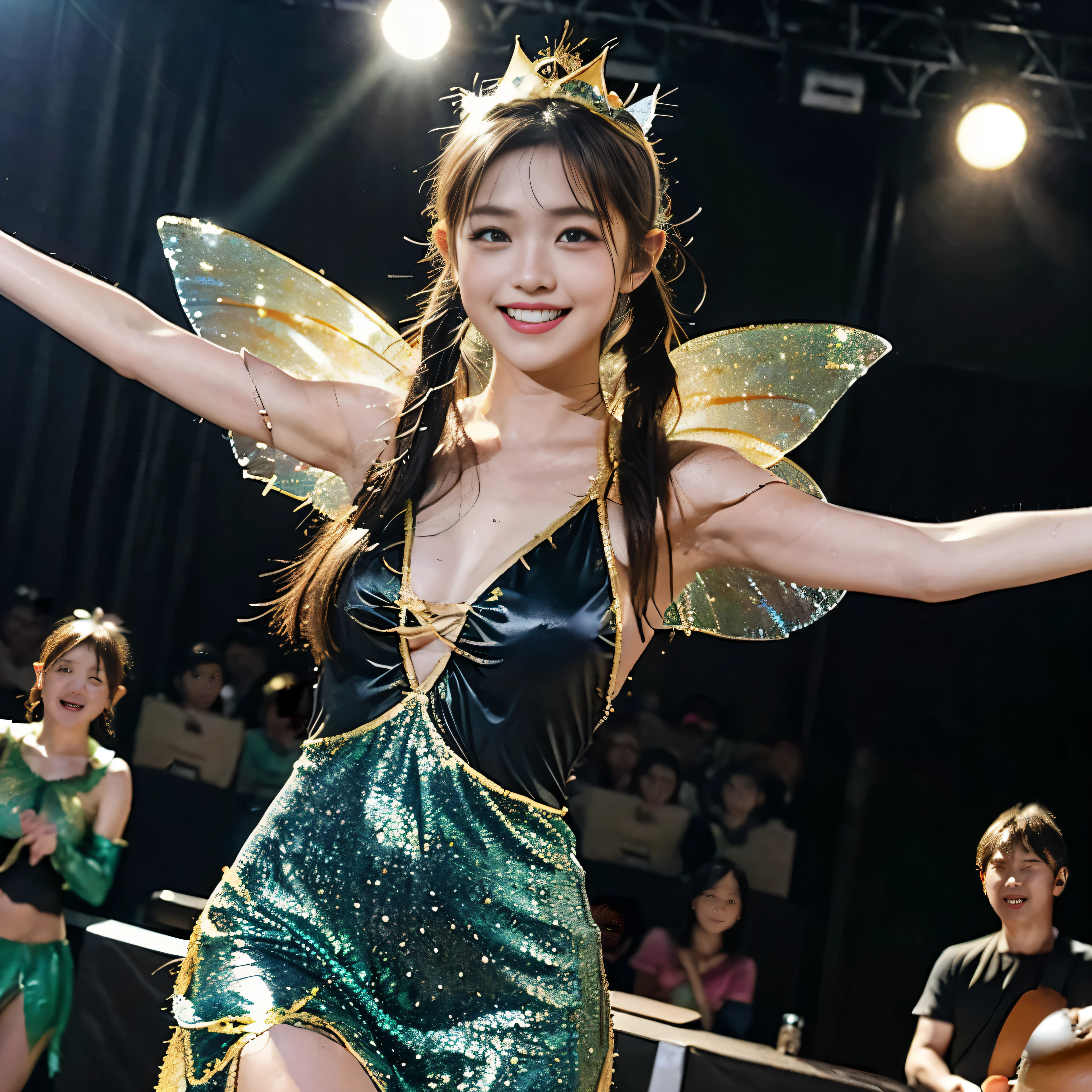((masterpiece、highest quality))、shape、Ultra-detailed 8K、realistic、sharp focus、very detailed、professional lighting、colorful details、detailed face、detailed expression、excited look、A young and beautiful Japanese woman stands in front of an audience、18-year-old、shine、intricate details、((correct anatomy 1.5))、((please open your mouth))、((sweating))、((Spring fairy costume play:1.5)、Part of an idol group、(Dancing at concerts:1.5)、twin tails、Hair is moving、looking at camera、Spotlight、tanakahitomi